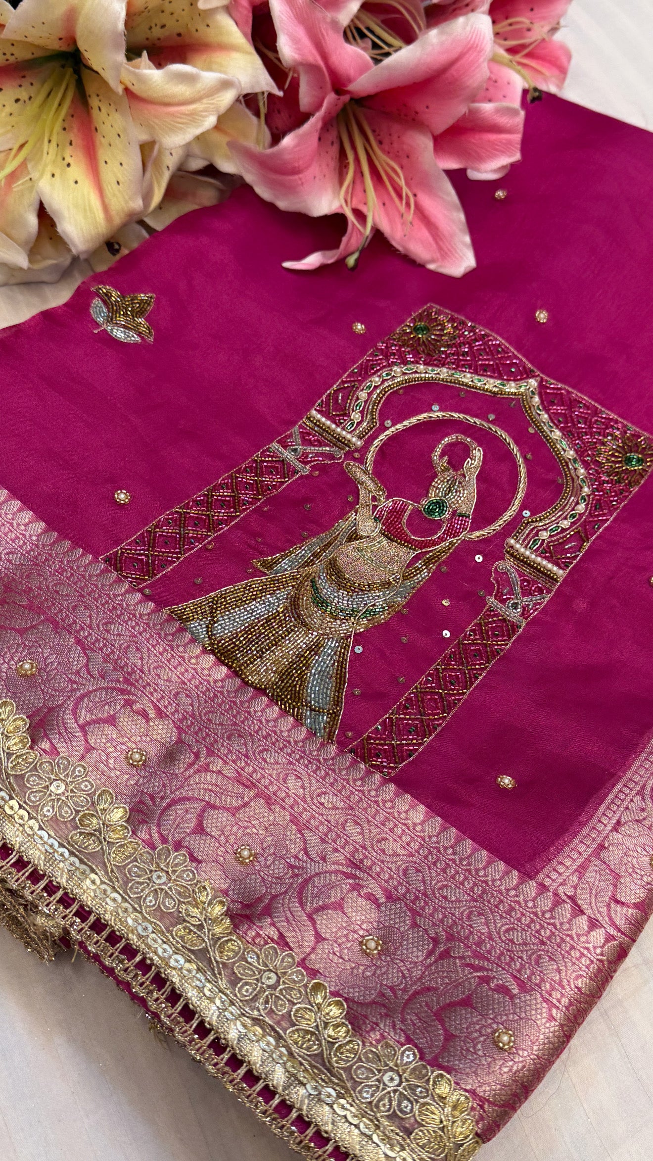 Karwachauth special - Hot metallic pink tissue silk hand embroidered kadhwa saree