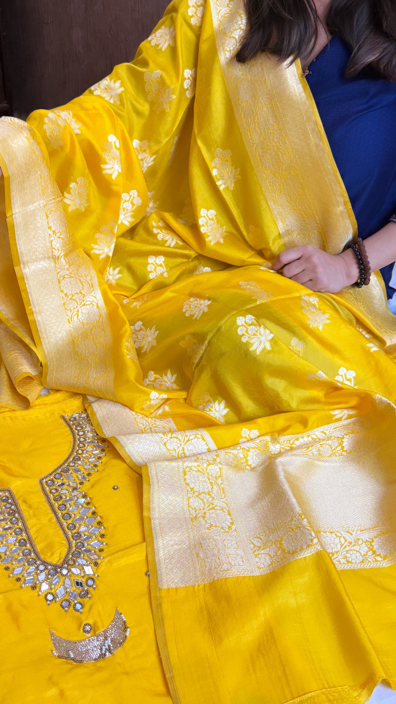 Sheesham haldi yellow mirror work hand embroidered katan silk kadhwa suit set