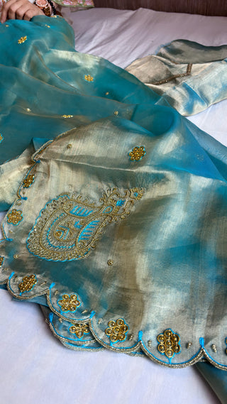 Husn sea blue tissue silk saree