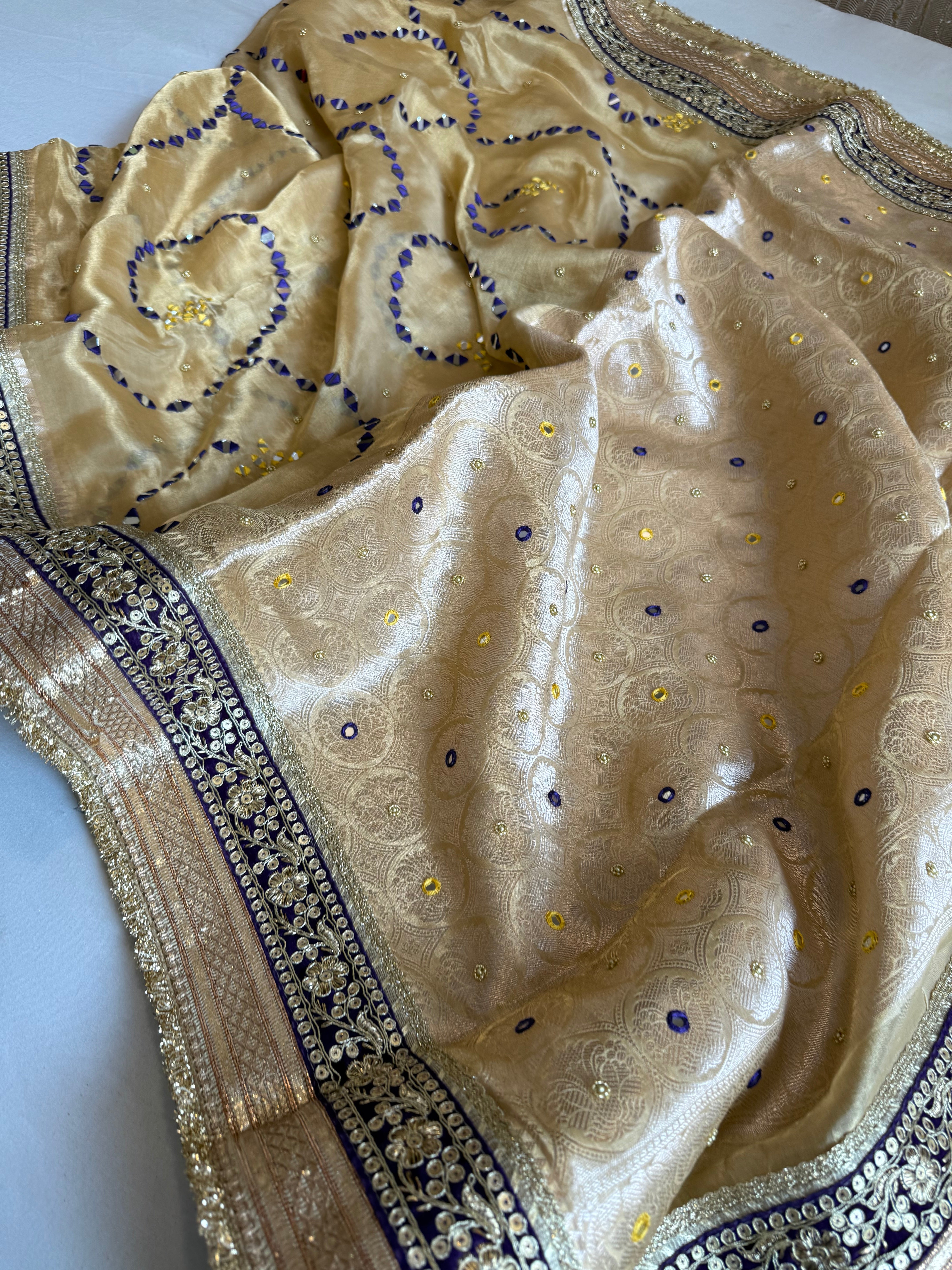 Sheesham edit - Heavy double tissue silk mirror work heavy hand embroidered saree