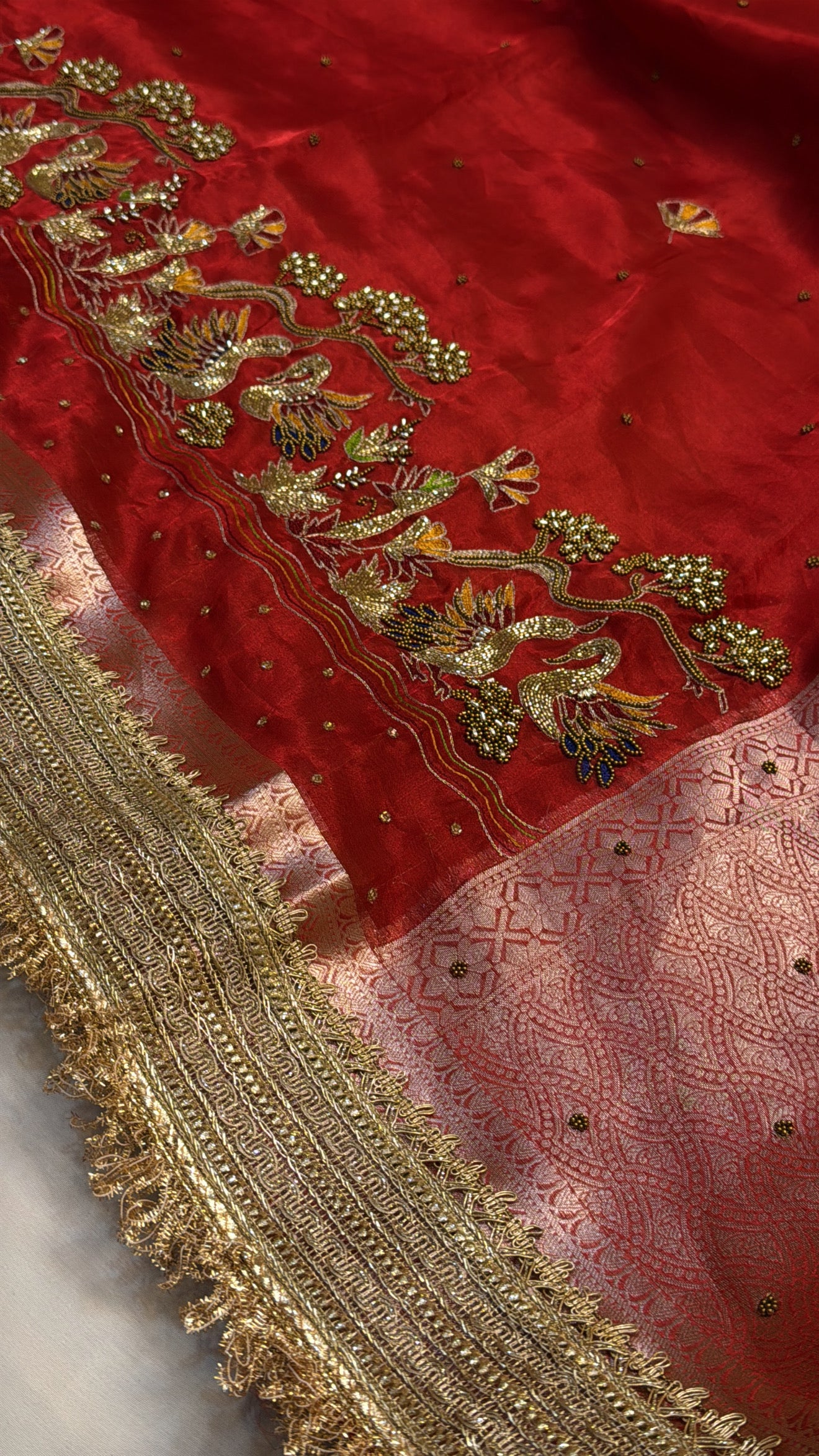 Dulhan ka joda red tissue silk hand embroidered kadhwa saree