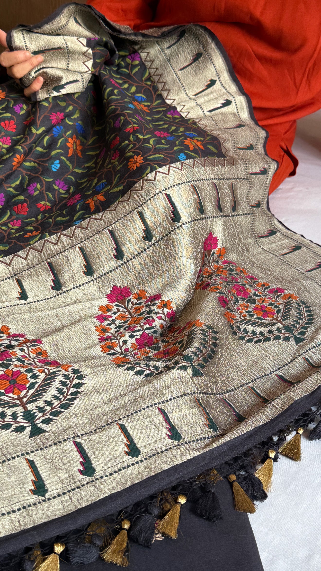 Black paithani meenakari moonga silk heavy jaal duppata paired with kadhwa buti kurta set