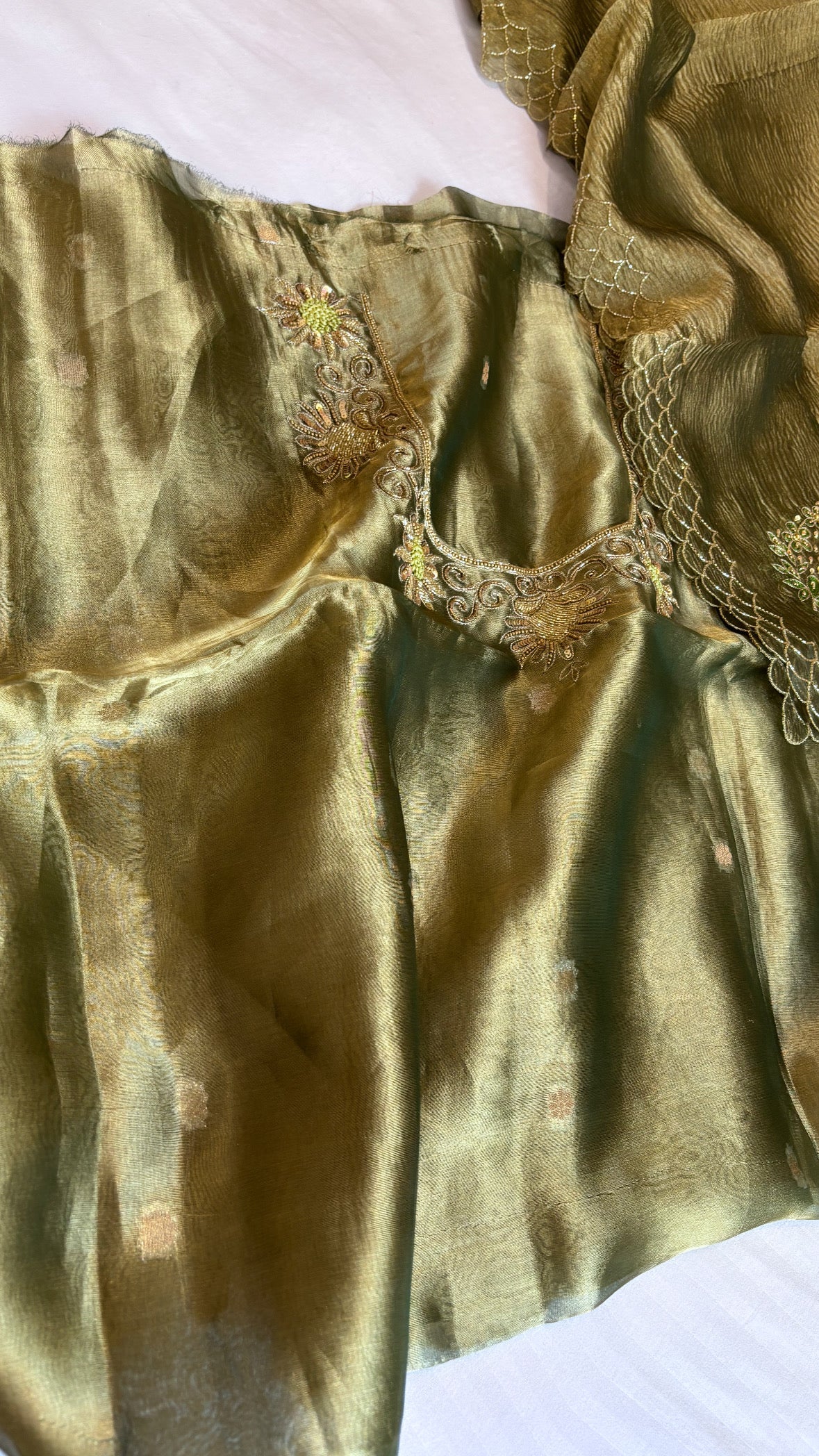 1970s era mint green tissue silk hand embroidered suit sets