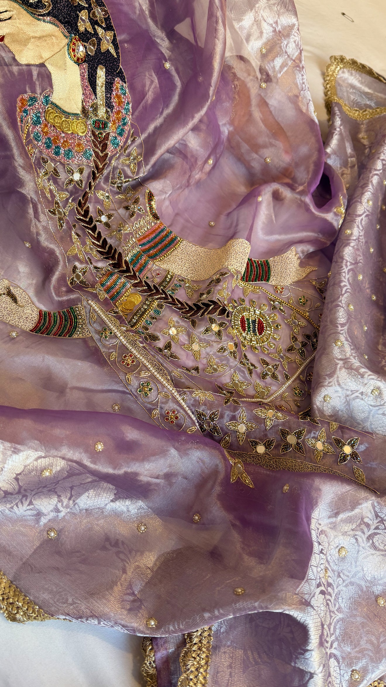 Heer saree with jadau necklace work hand embroidered tissue silk lilac saree