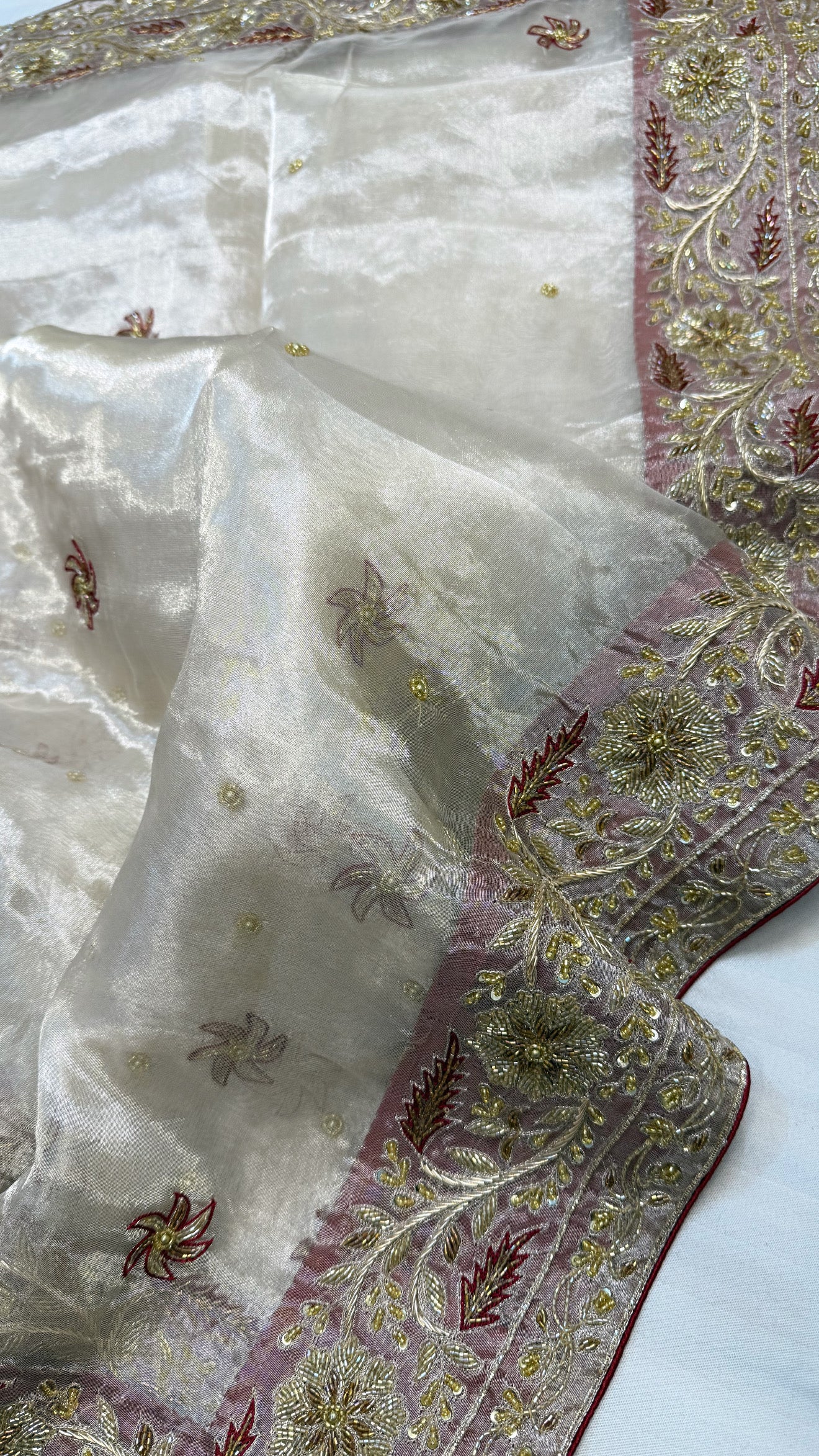 Gulab ki pankhuri husn tissue silk heavy zardozi border hand embroidered saree