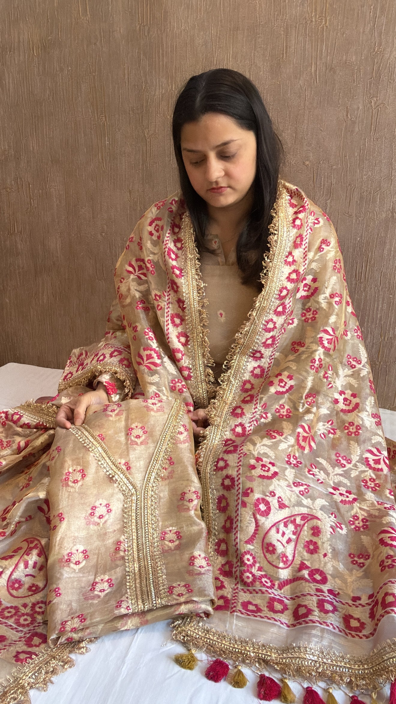 Vivah edit - Golden tissue silk jamdani meenakari weaving hand embroidered suit set