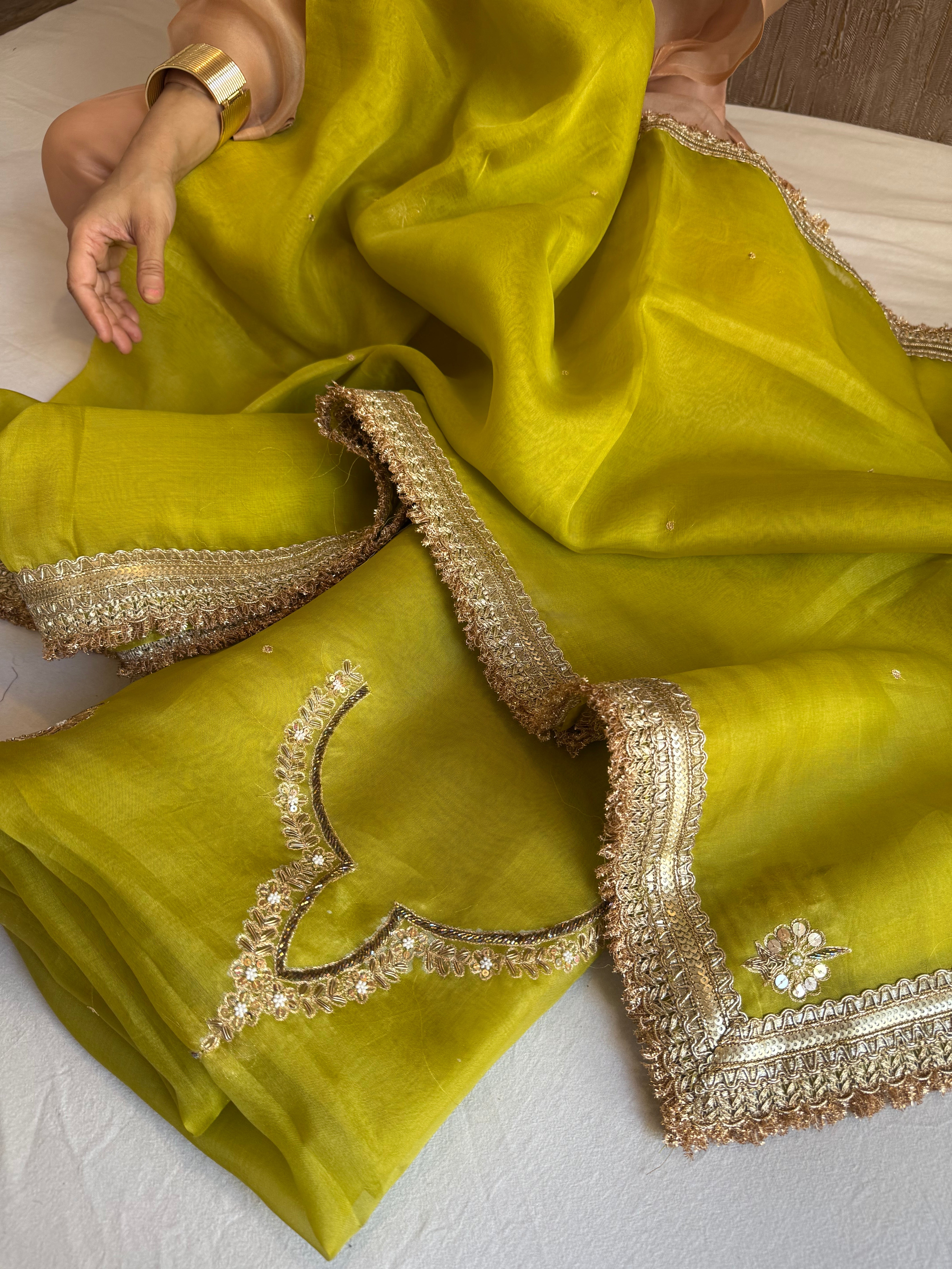 Aari and tilli kora silk hand embroidered mehendi green kadhwa suit set