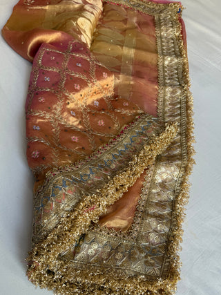 Mughal motif inspired- Kanjivaram blush pink and golden dhup chao effect husn tissue silk hand embroidered saree