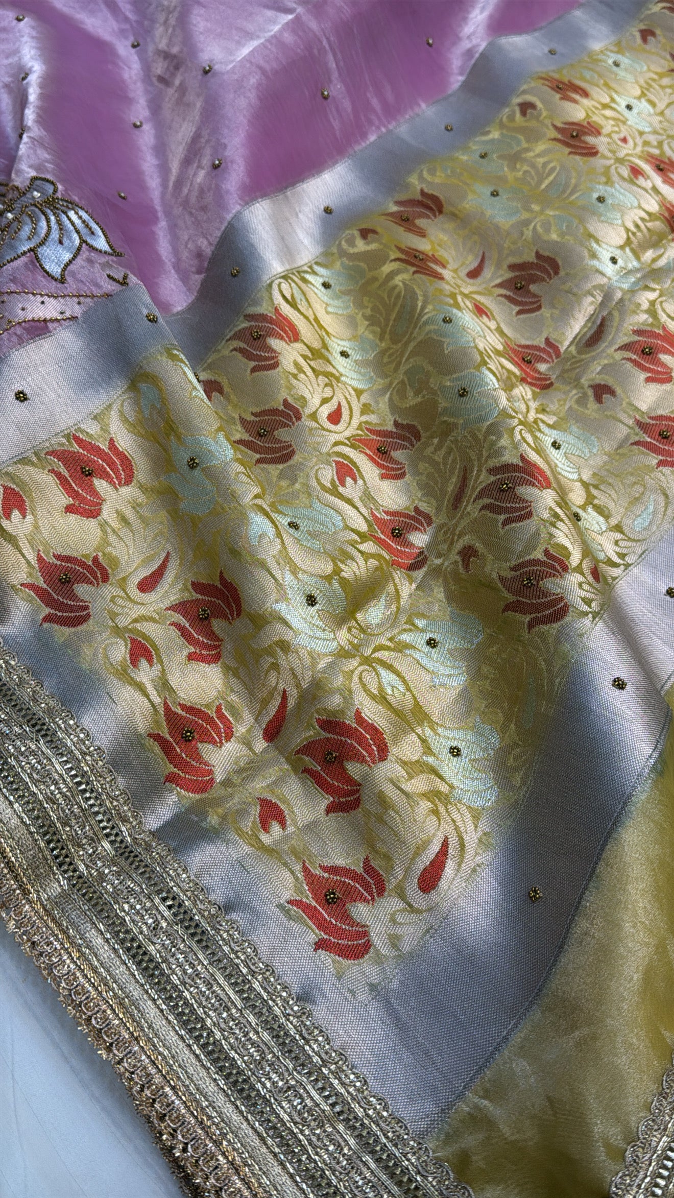 Wedding edit - Husn blush pink - gold combination tissue silk meenakari hand embroidered saree