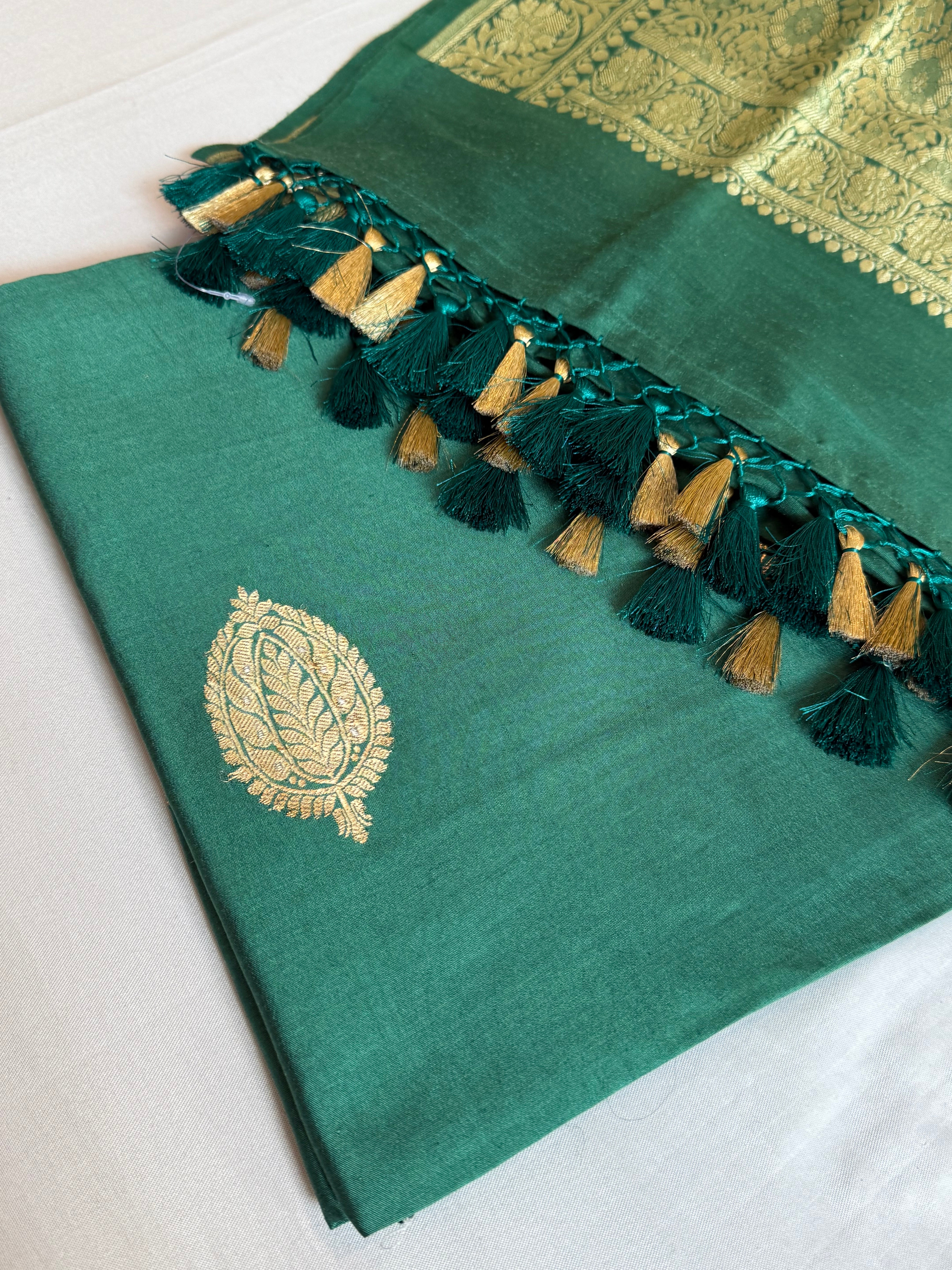 Bottle green moonga silk kohniya buti kadhwa suit sets