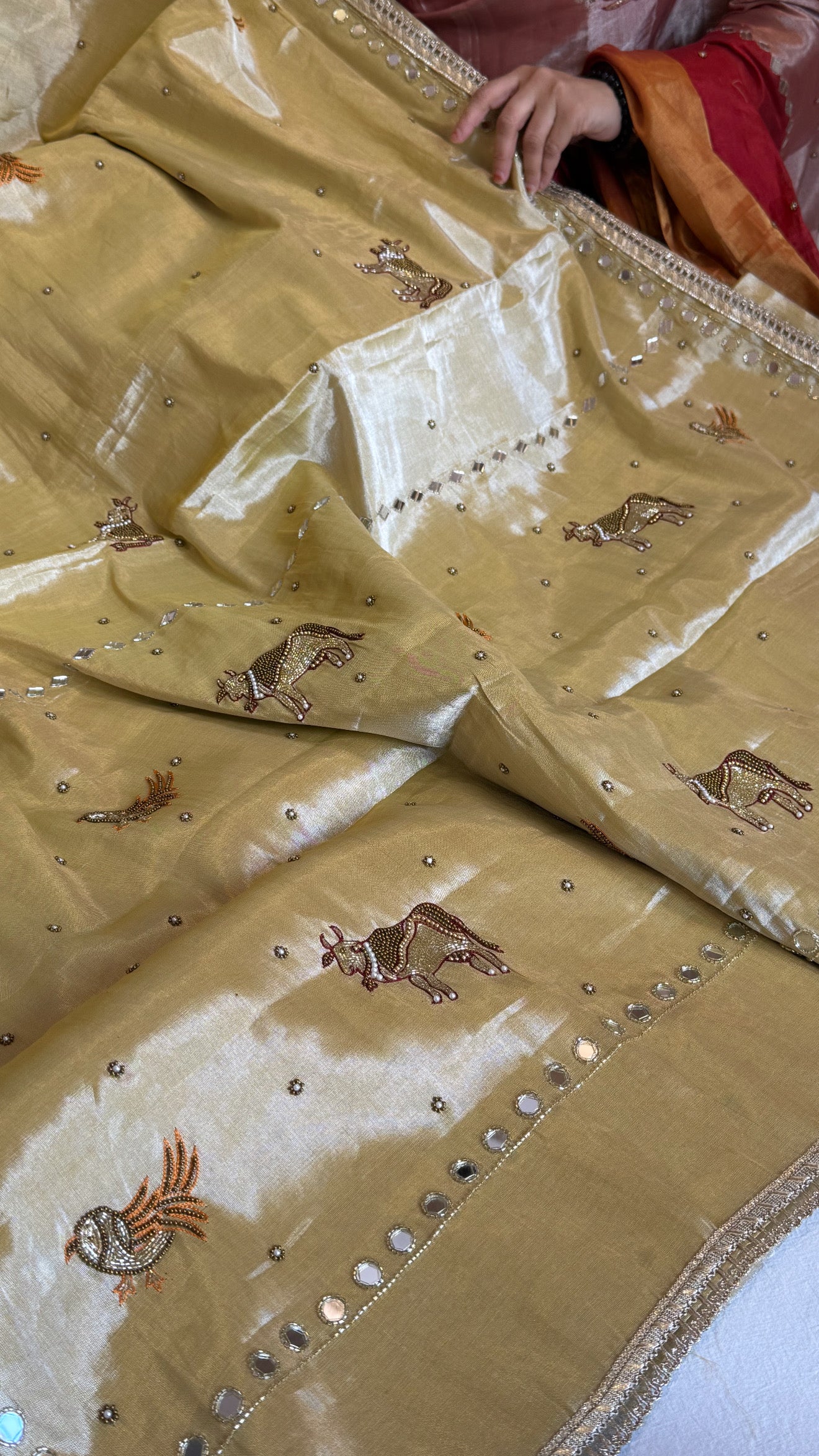 Satin tissue silk ivory gold hand embroidered kadhwa banarasi saree
