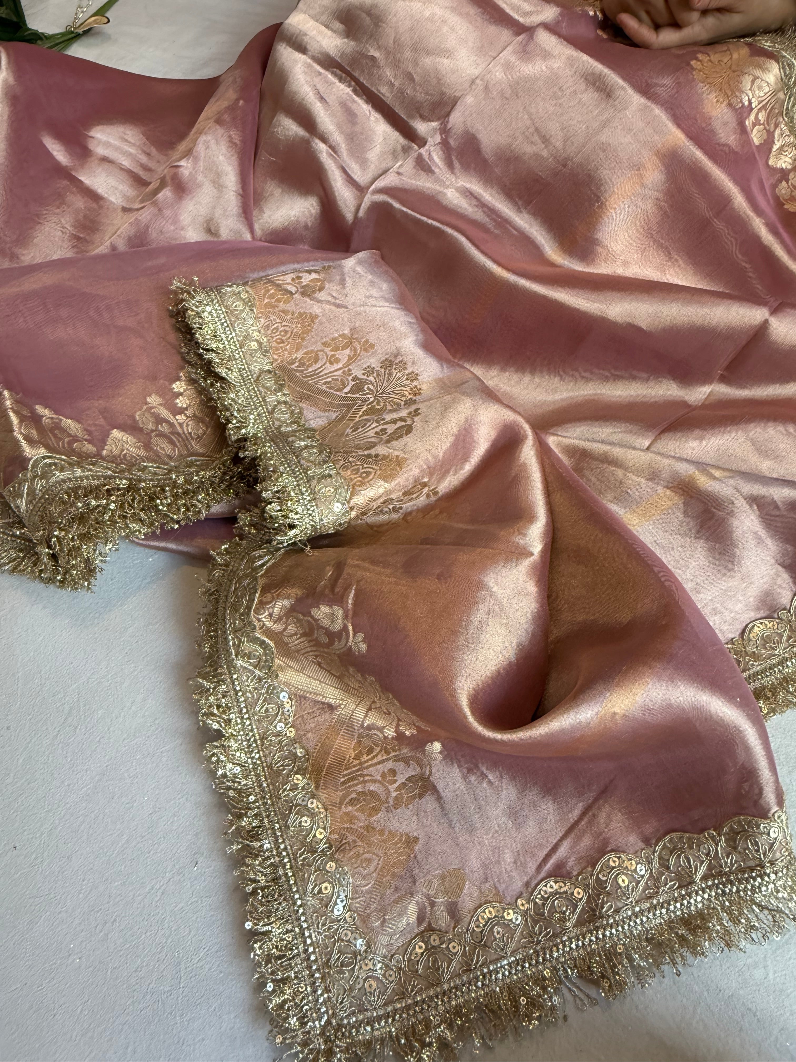 Maharani pastel blush pink tissue silk kadhwa saree