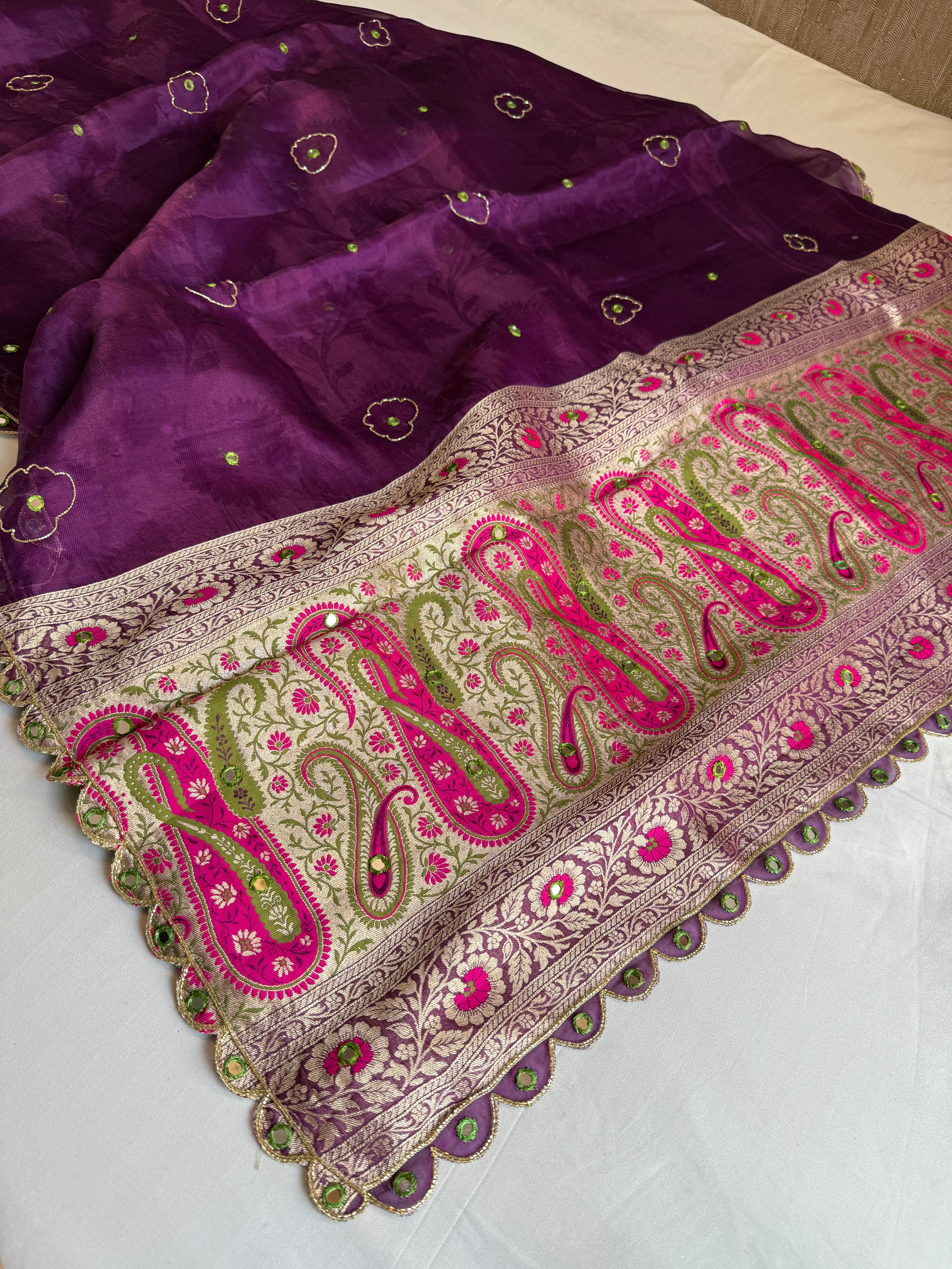 Brinjal purple tissue tanchoi meenakari jamevar pallu hand embroidered saree