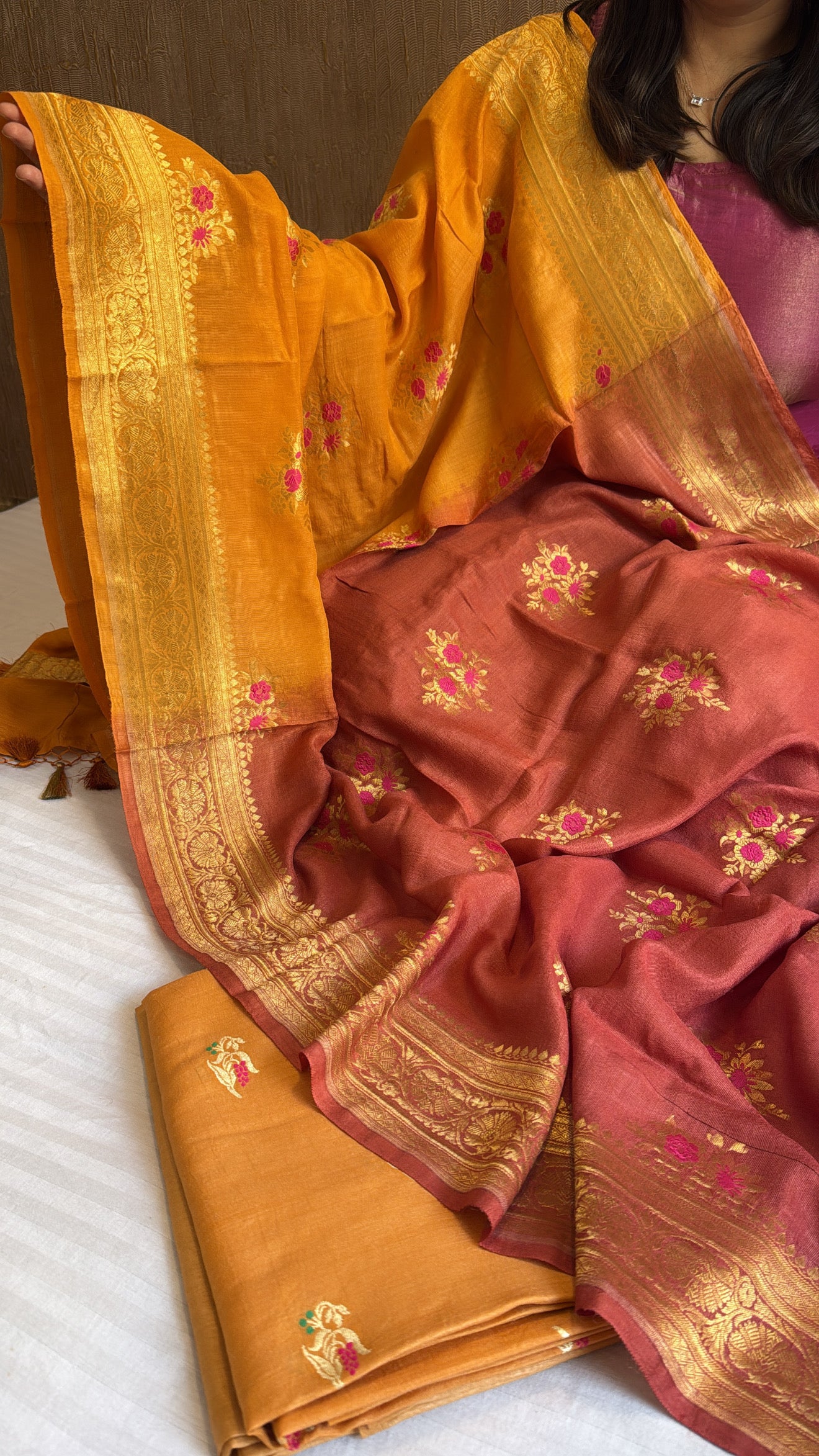 Rust orange ombre shaded moonga silk meenakari kadhwa suit set