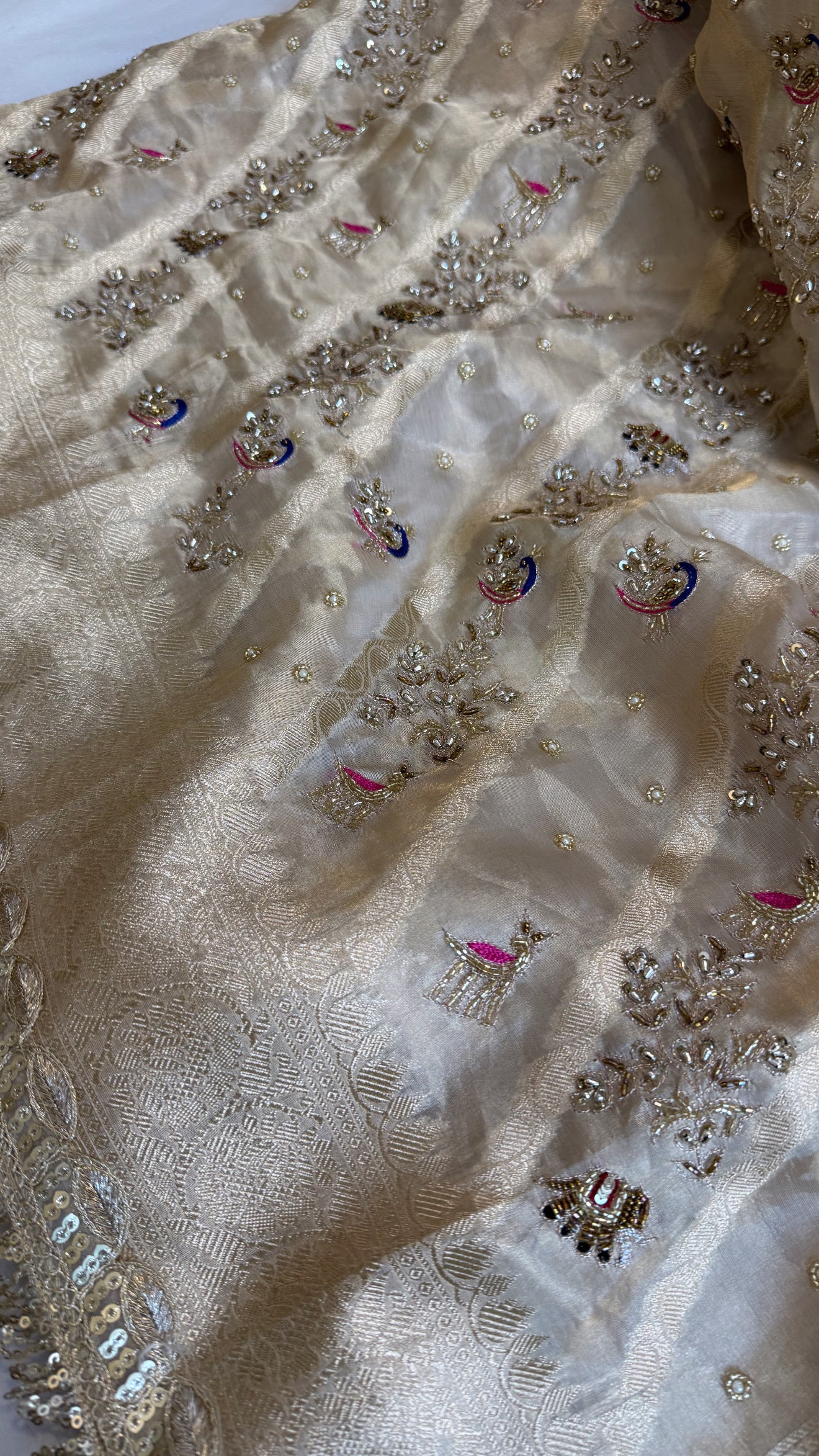 Nayi suhagan edit - Ivory gold tissue silk jungla shikargah marodi and zardozi hand embroidered jaal work saree