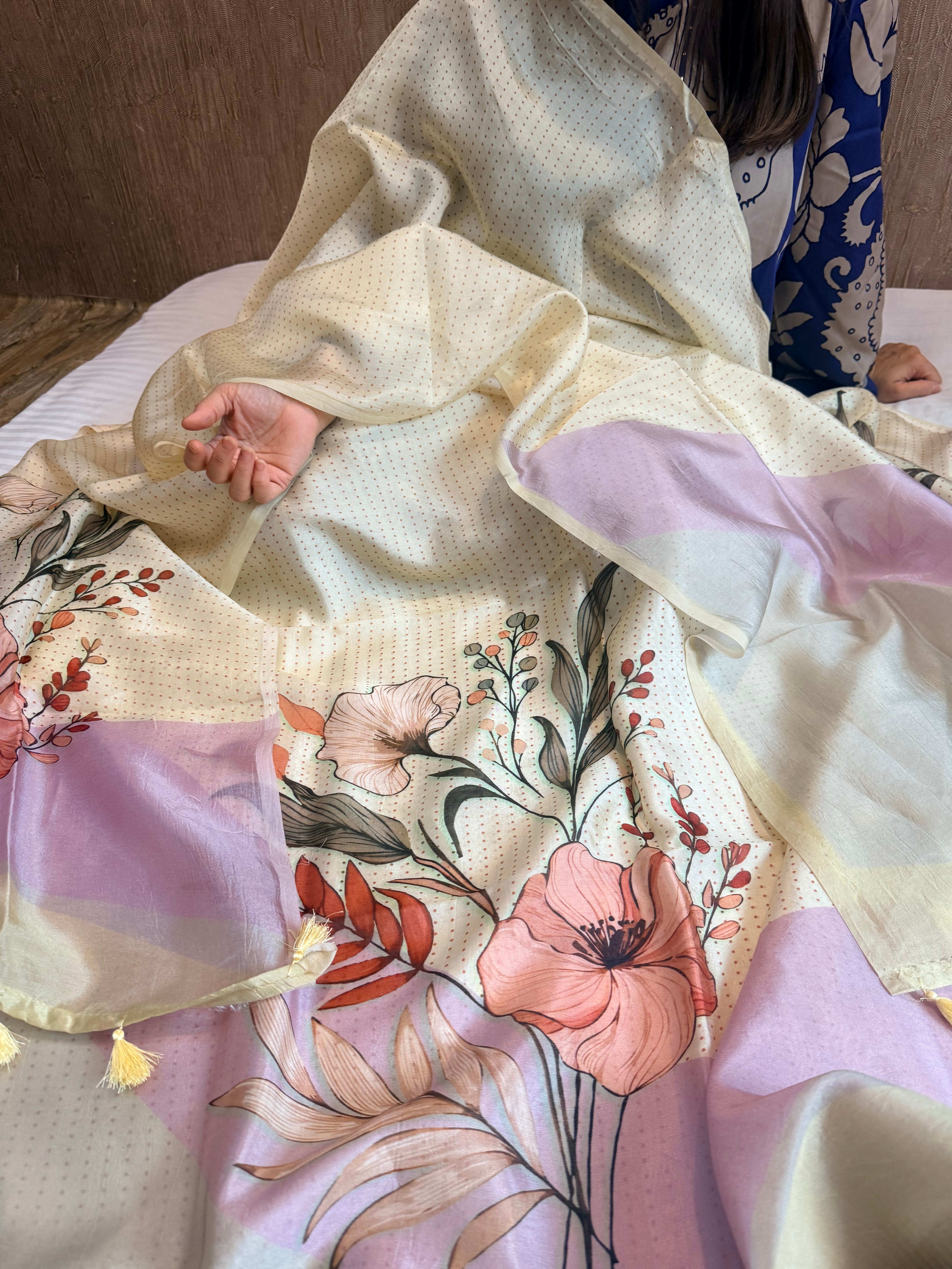 Printed spun chiniya silk kadhwa weaving suit set