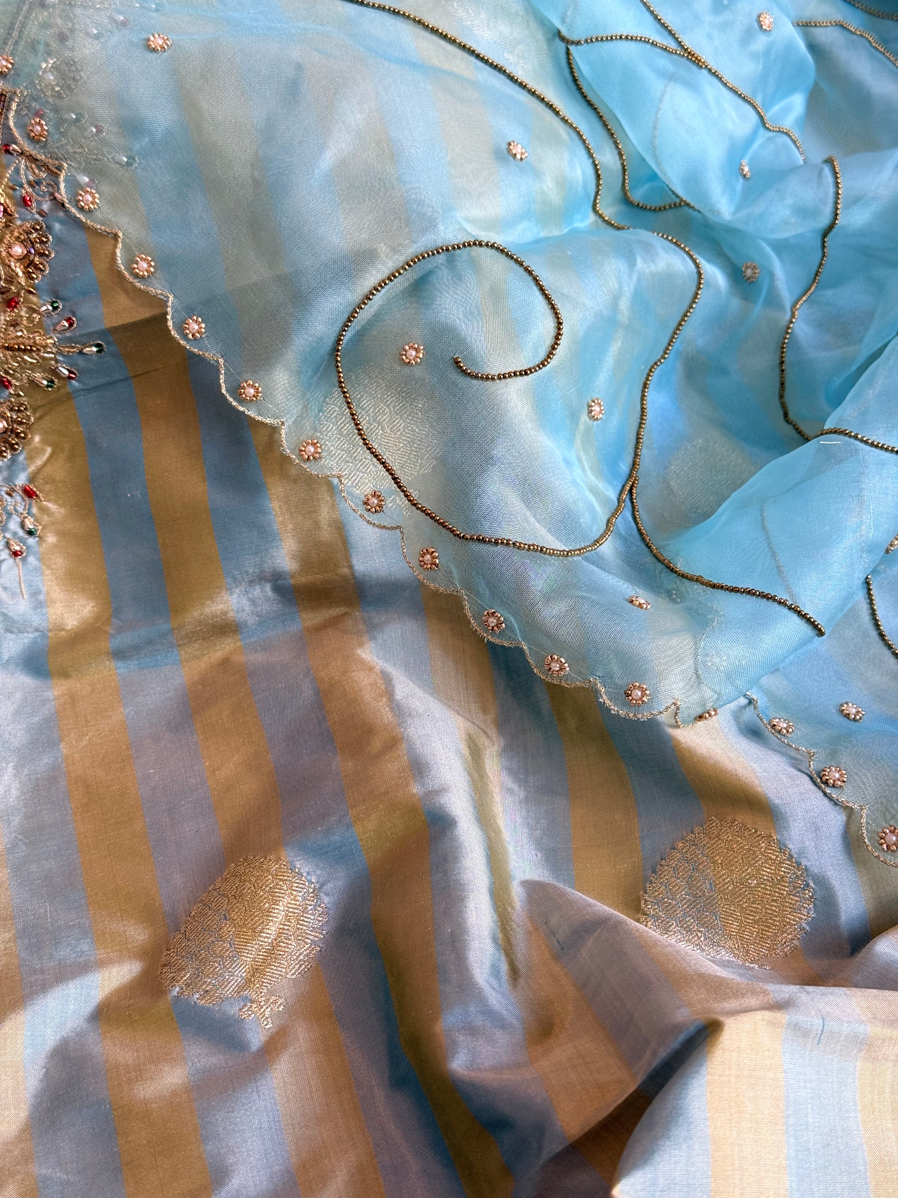 Katan silk kadhwa striped hand embroidered dhup chao effect suit set