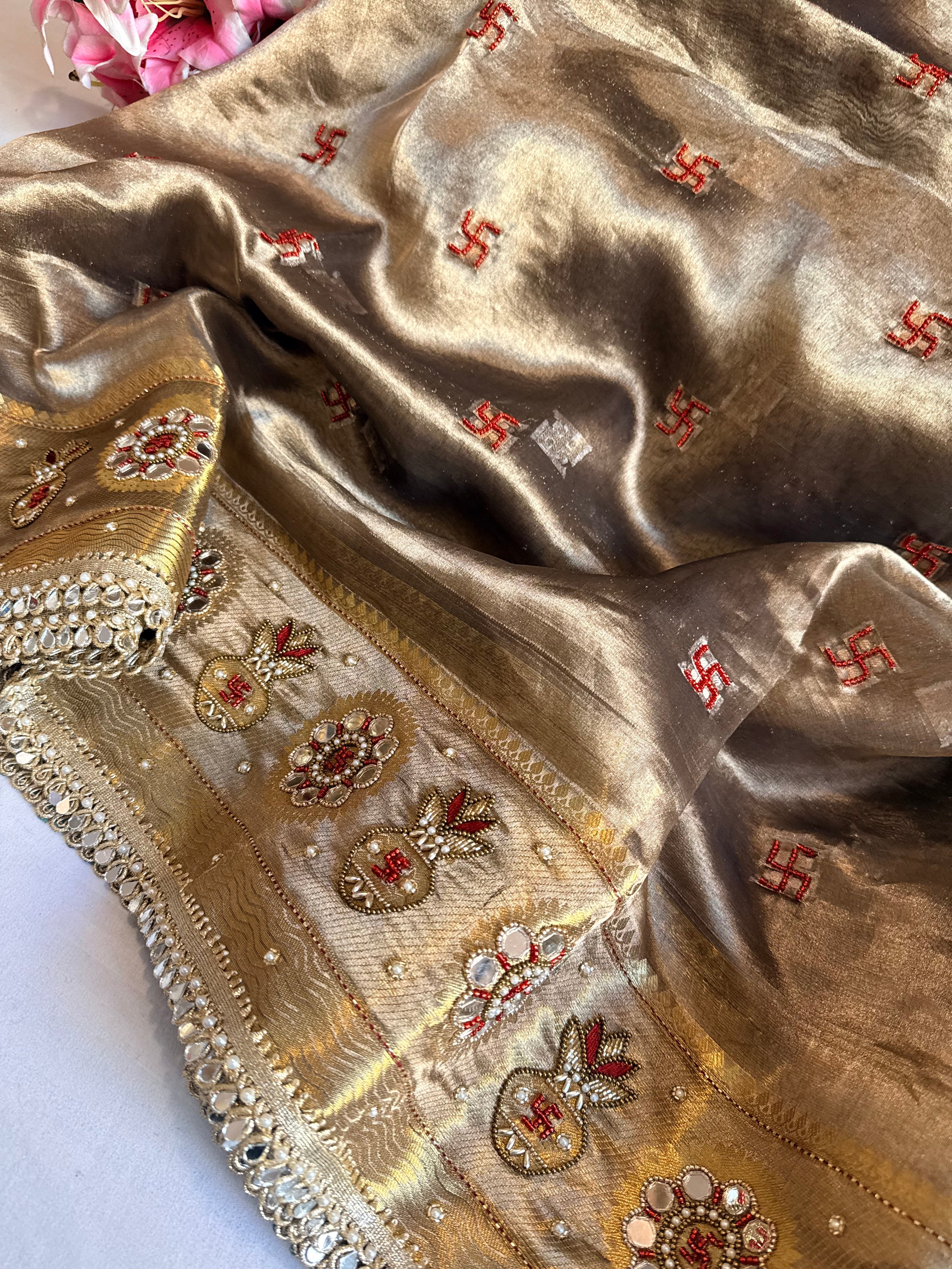 Nayi bahu wali saree edit - Molten gold tissue silk kalash and swastik hand embroidered mirror work saree