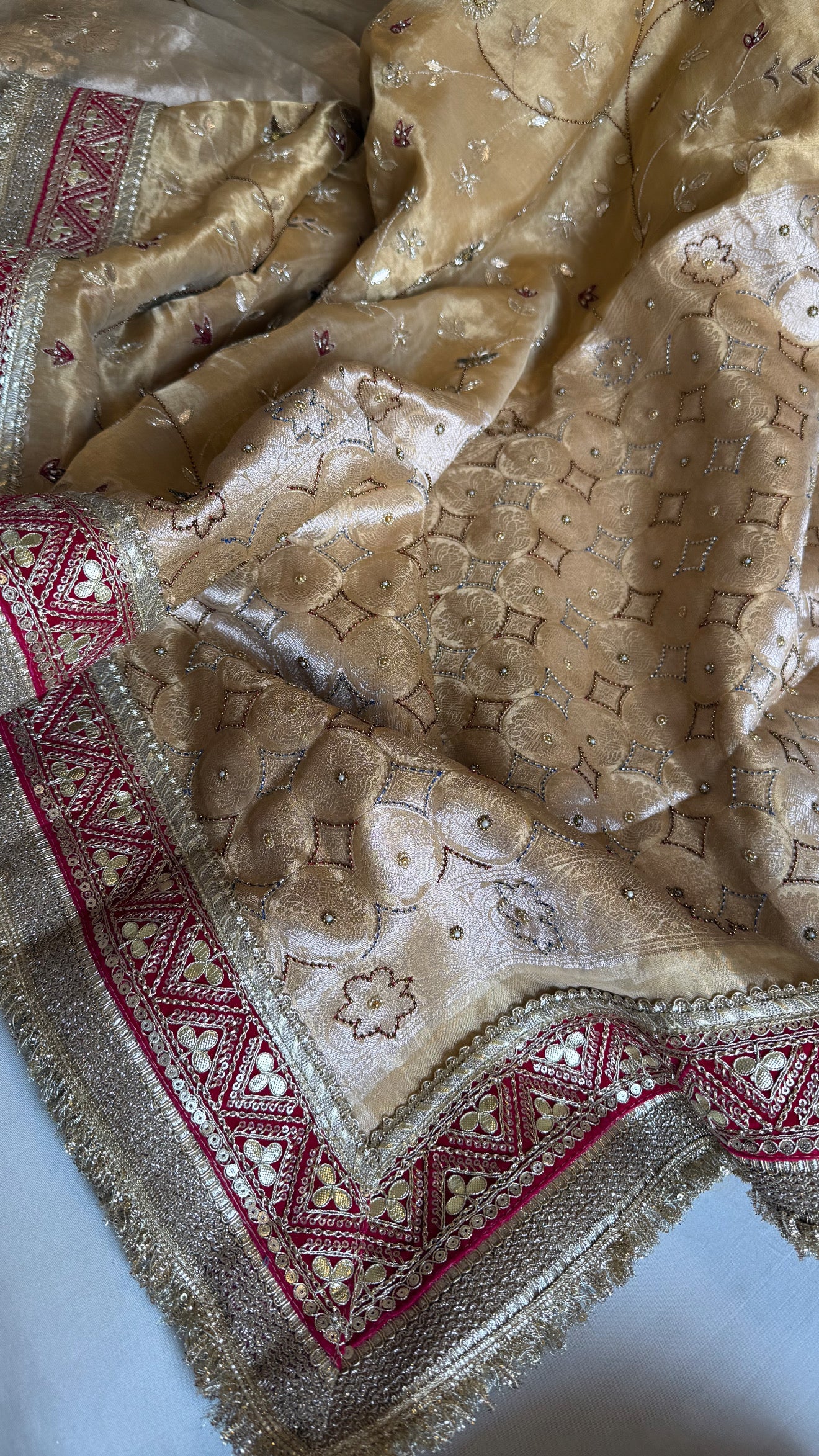 Kutchi inspired “sheesham edit” mirror work and zardozi meenakari work hand embroidered saree