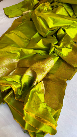 Banarasi lime green katan silk suit set