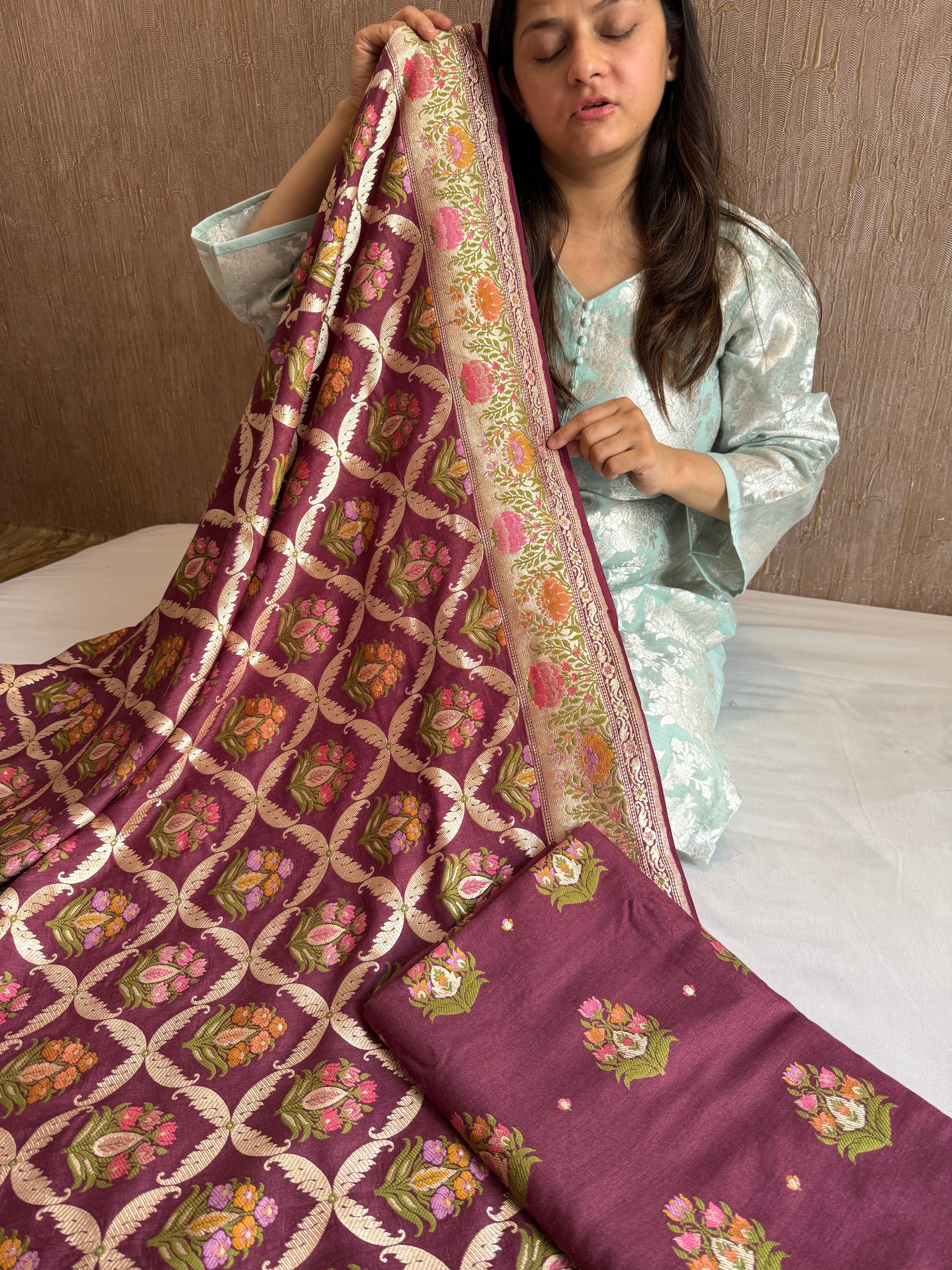 Deep purple moonga silk heavy meenakari kadhwa buti suit set