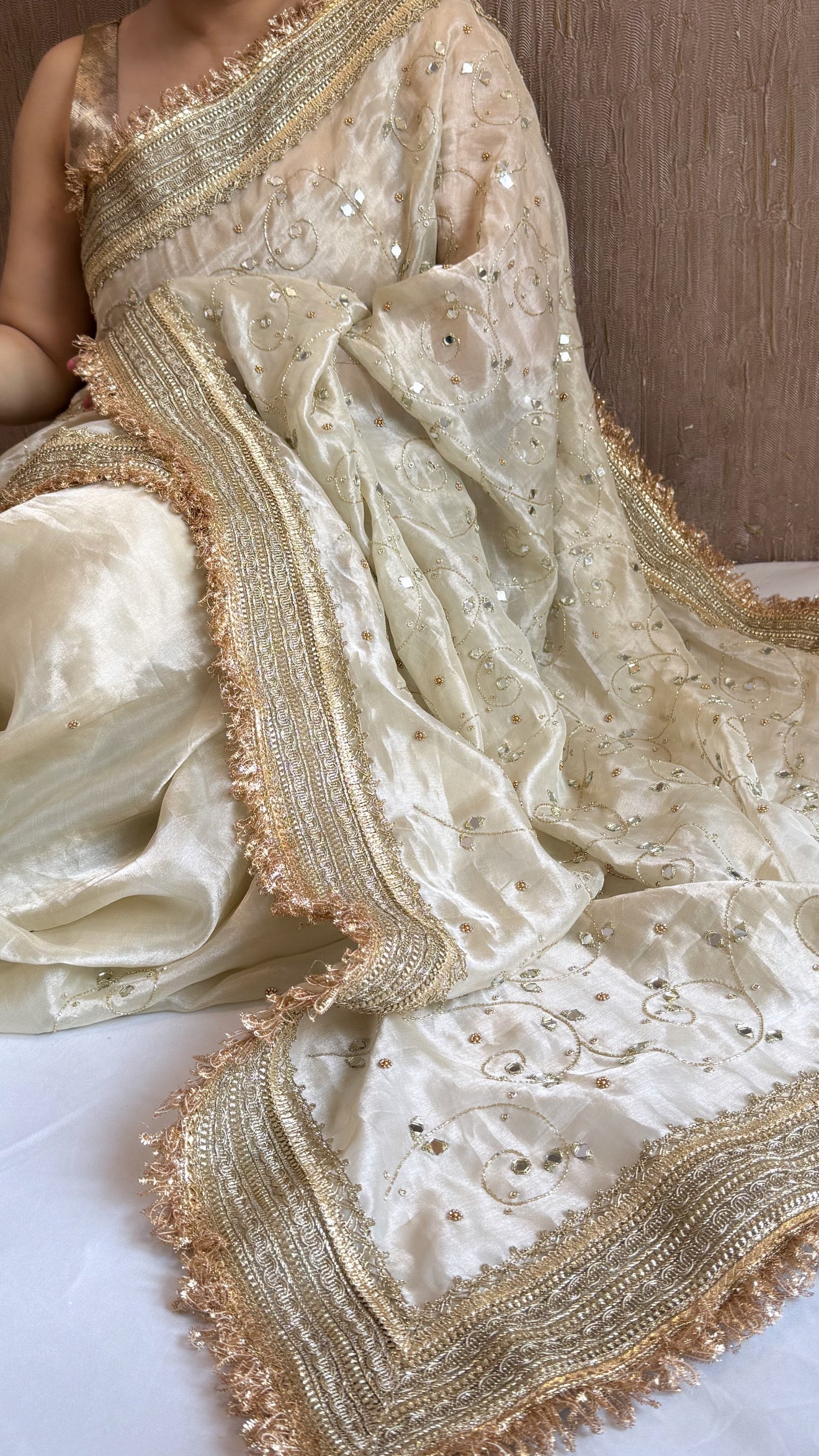 Sheesham edit - Ivory diamond tissue silk mirror work heavy hand embroidered saree