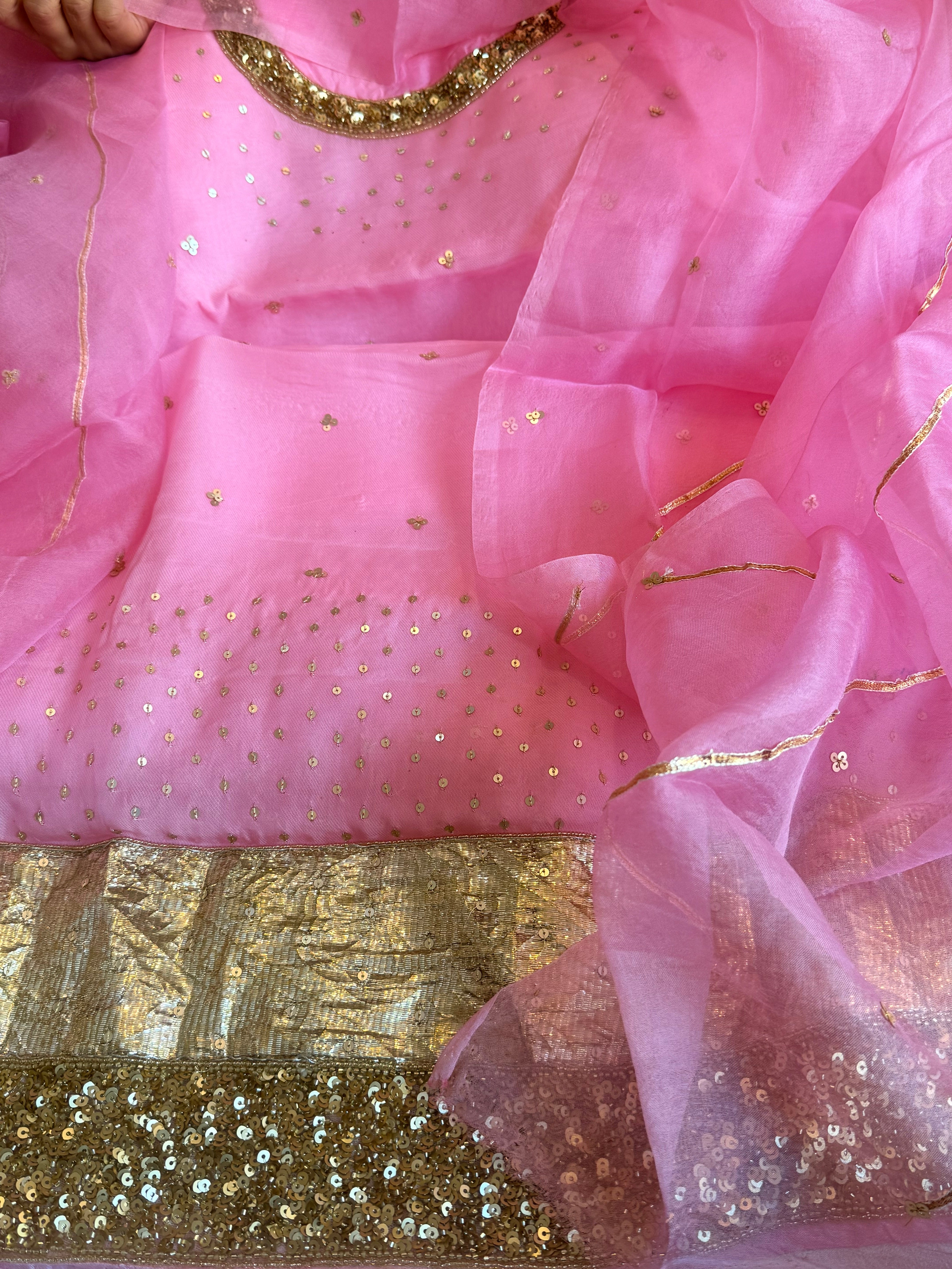 Blush lotus pink kora silk hand embroidered kadhwa suit set