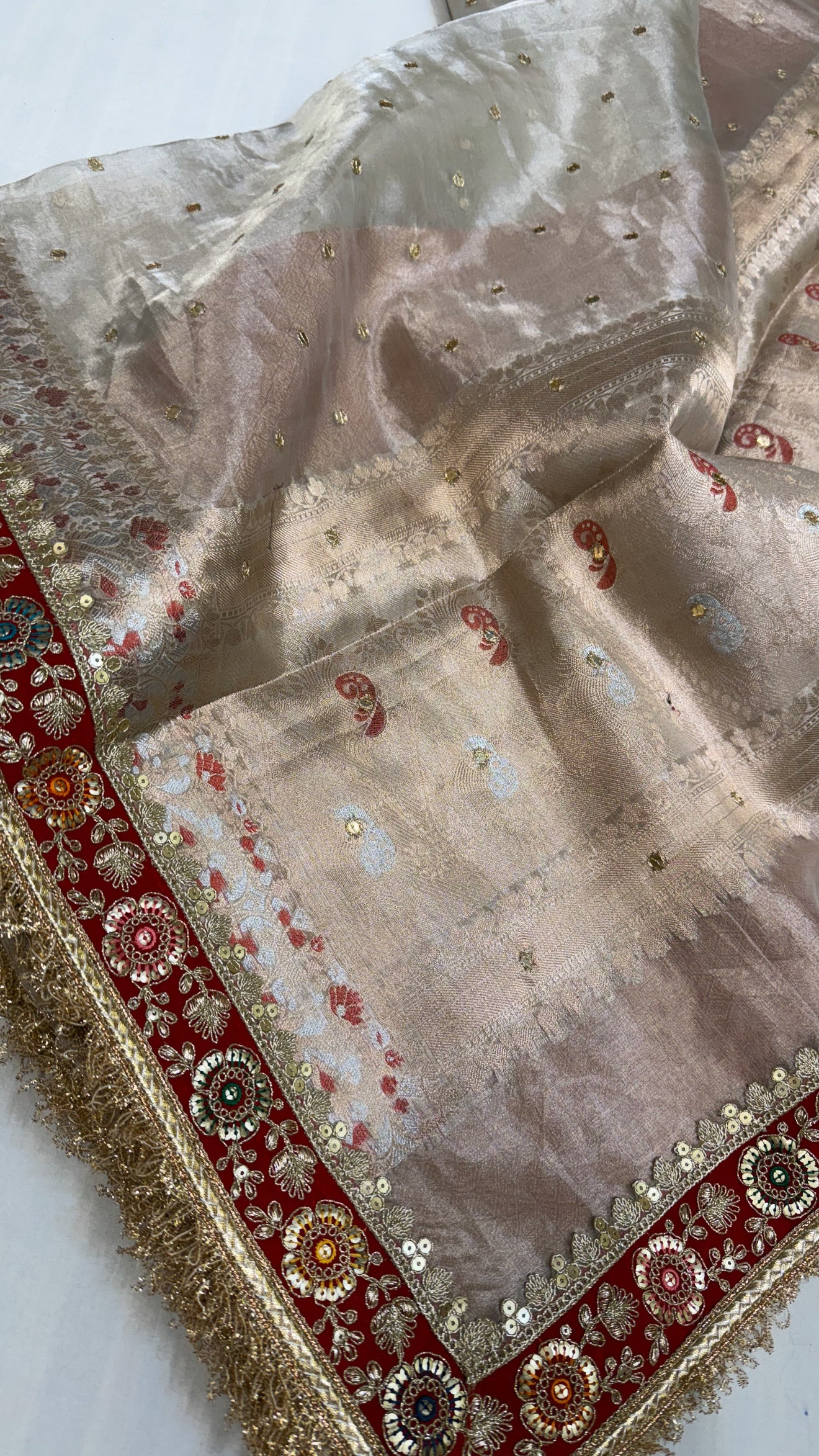 Diamond tissue silk chunri buti hand embroidered panetar saree