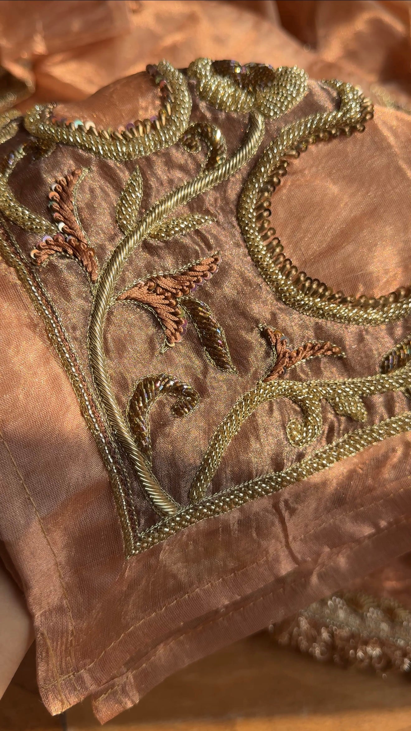 Pakeeza inspired copper tissue silk heavy zardozi work suit set