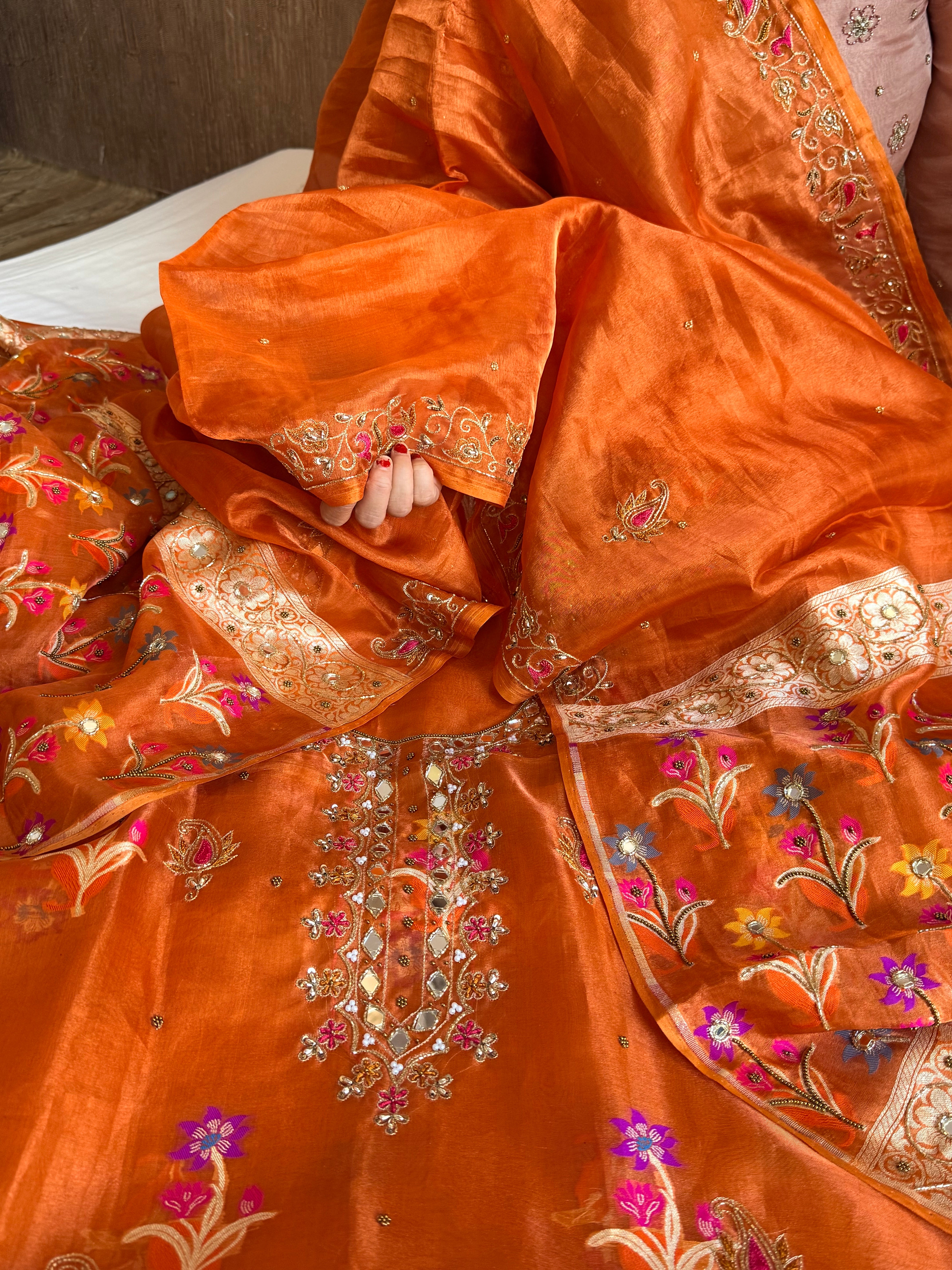 Banarasi tissue silk fanta orange tissue silk meenakari hand embroidered suit set