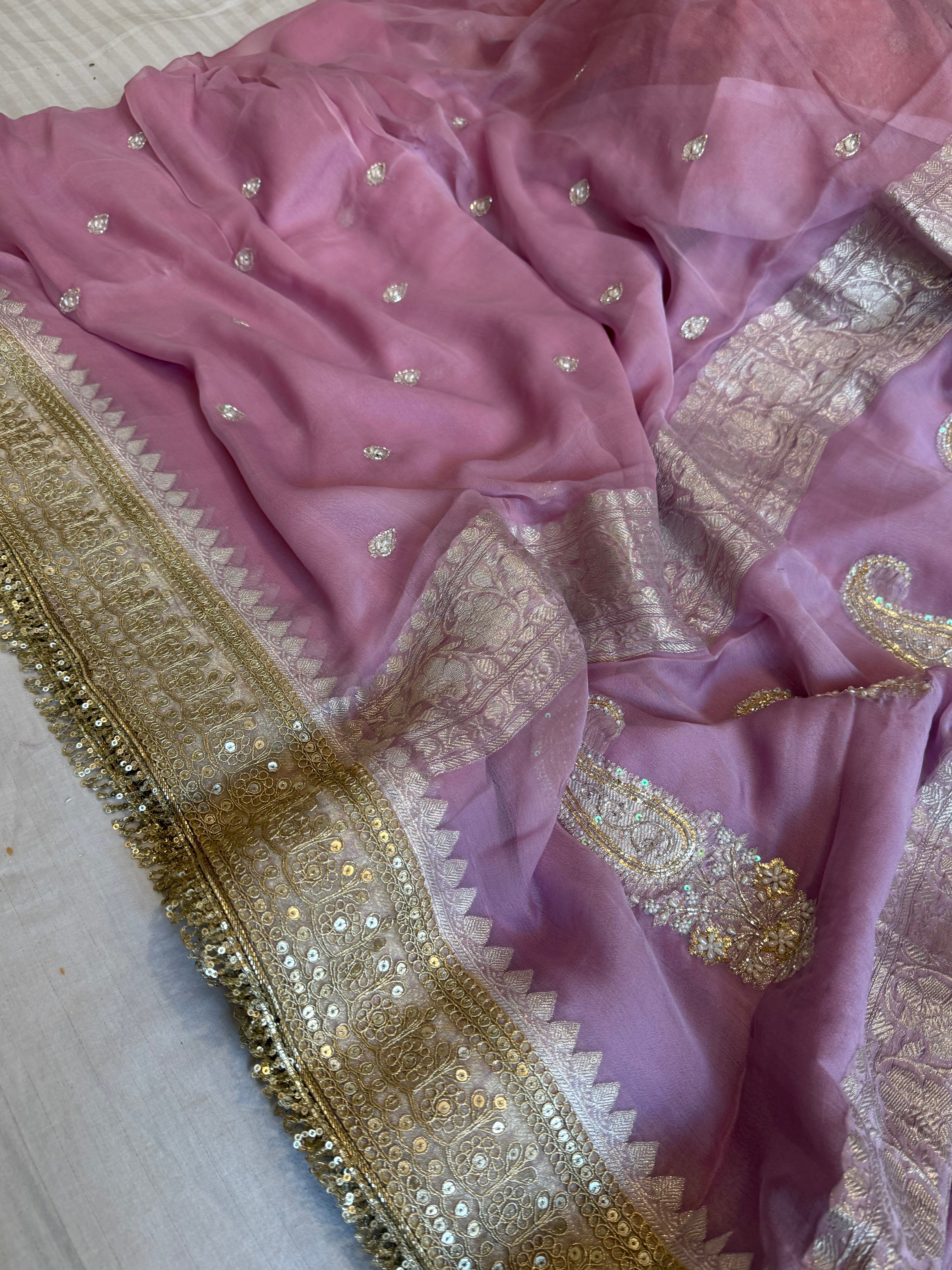 Paro banarasi chiffon gorgette hand embroidered kadhwa saree