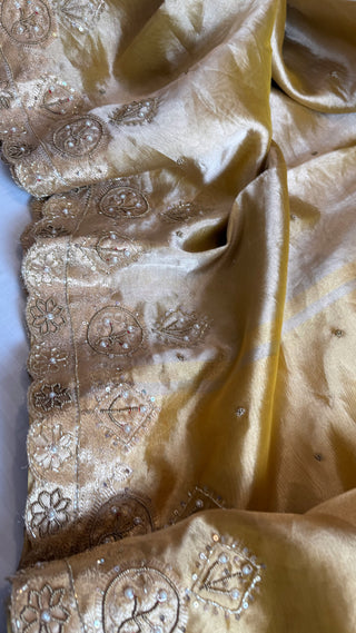 Husn soft golden tissue silk heavy zardozi hand embroidered saree