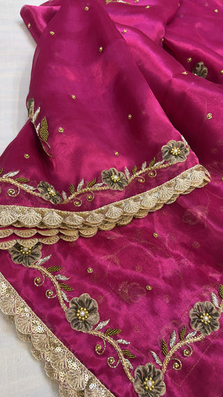 Husn hot pink tissue silk hand embroidered saree with heavy blouse