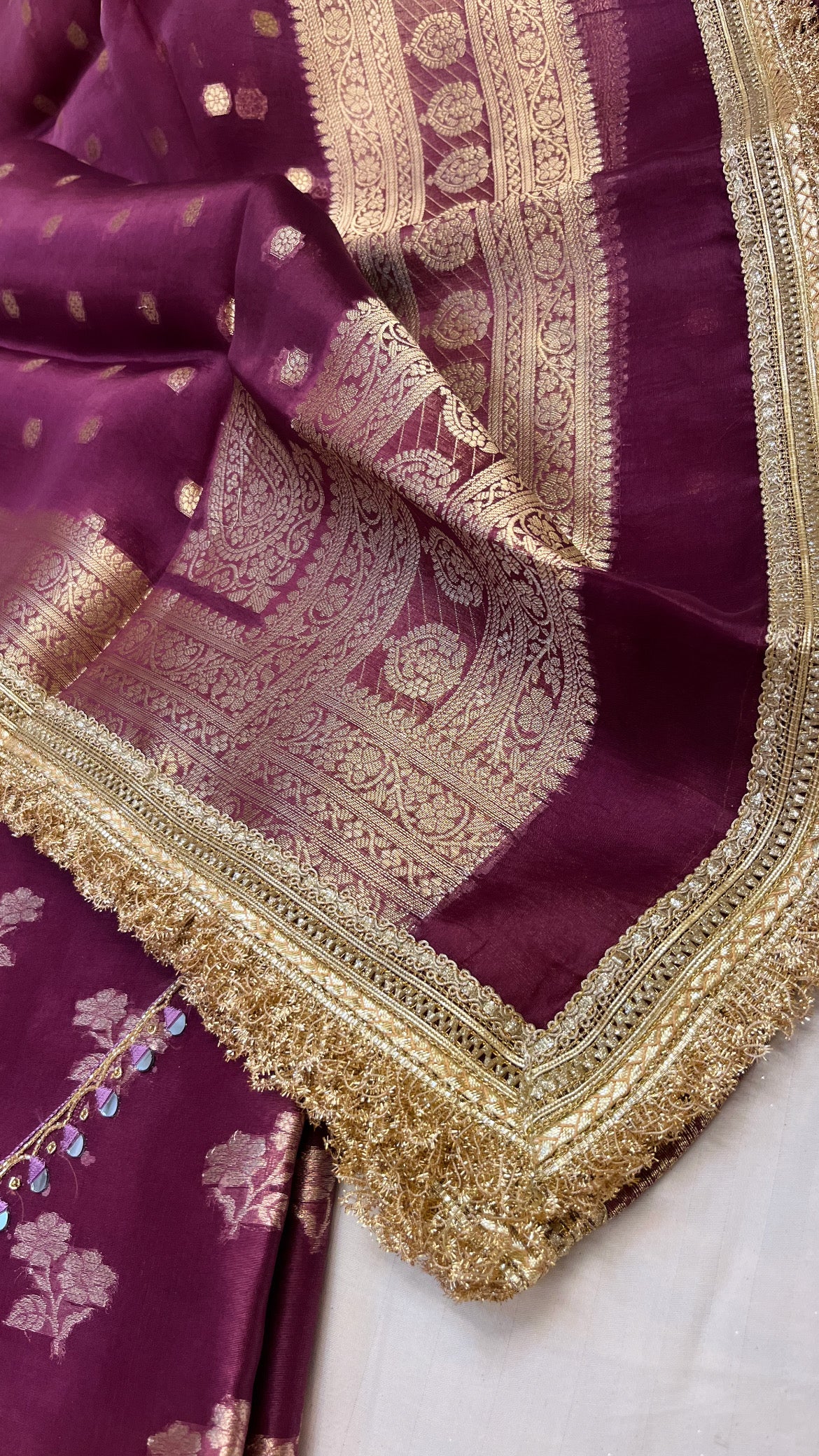 Heeramandi plum kora silk gotapatti hand embroidered suit set