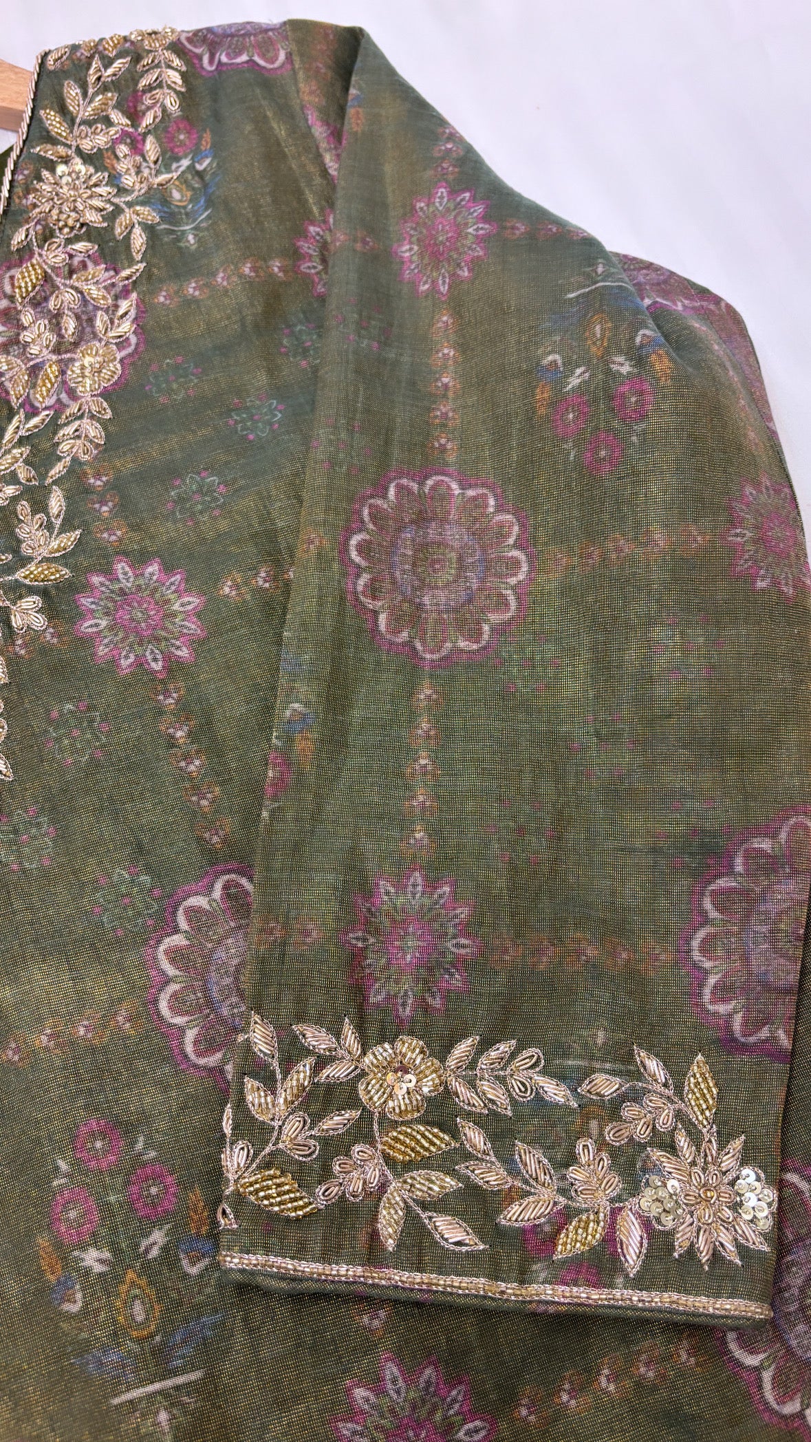 Pure banarasi  tissue gorgette kadhwa buti handwoven and hand embroidered printed stitched kurti