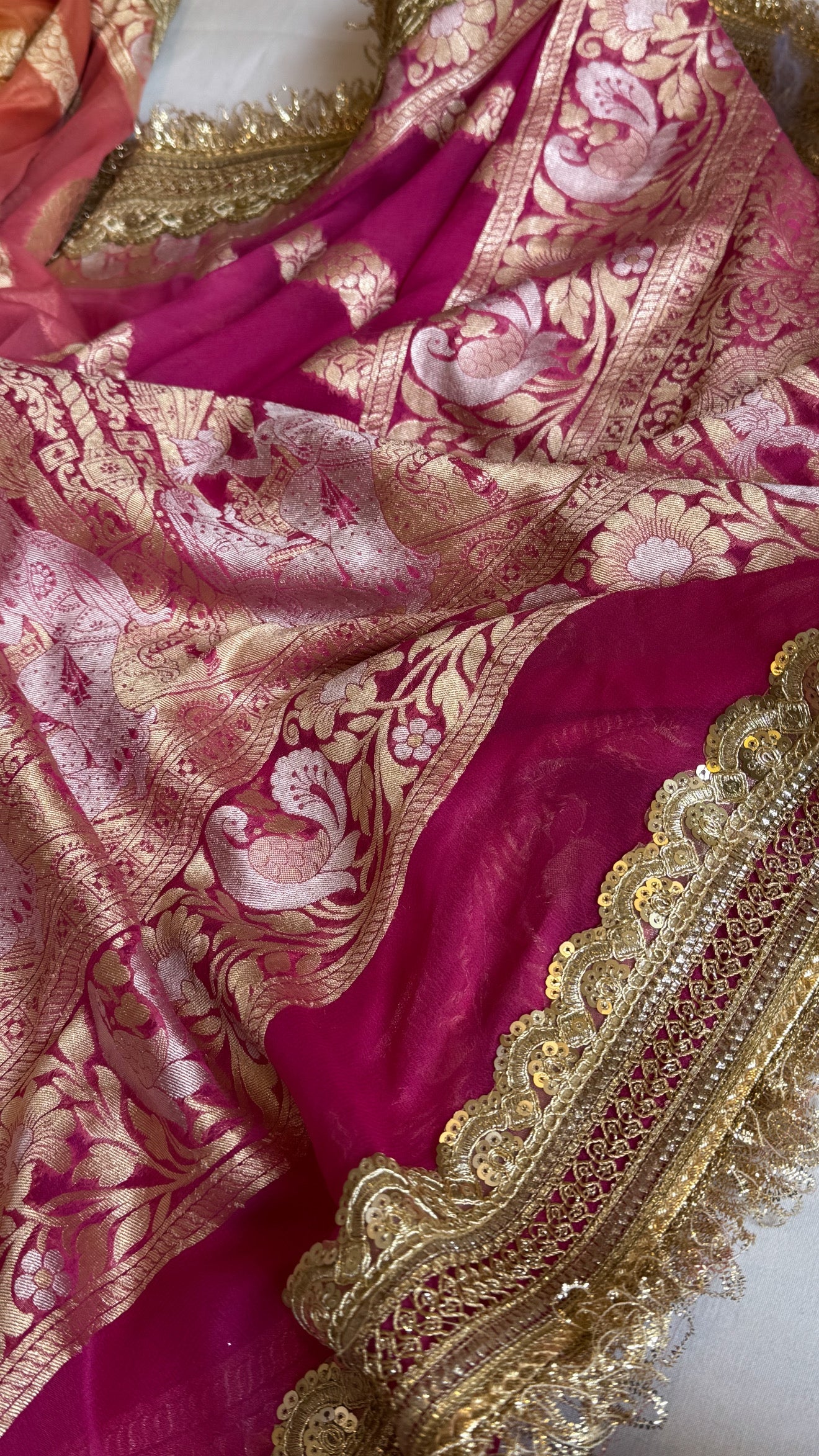 Gayatri devi inspired banarasi chiffon gorgette kadhwa shaded jungla saree