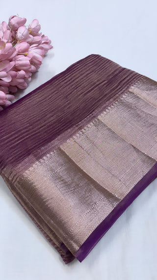 Pure banarasi purple crushed tissue silk handwoven kadhwa saree with intricate border and kadhwa blouse