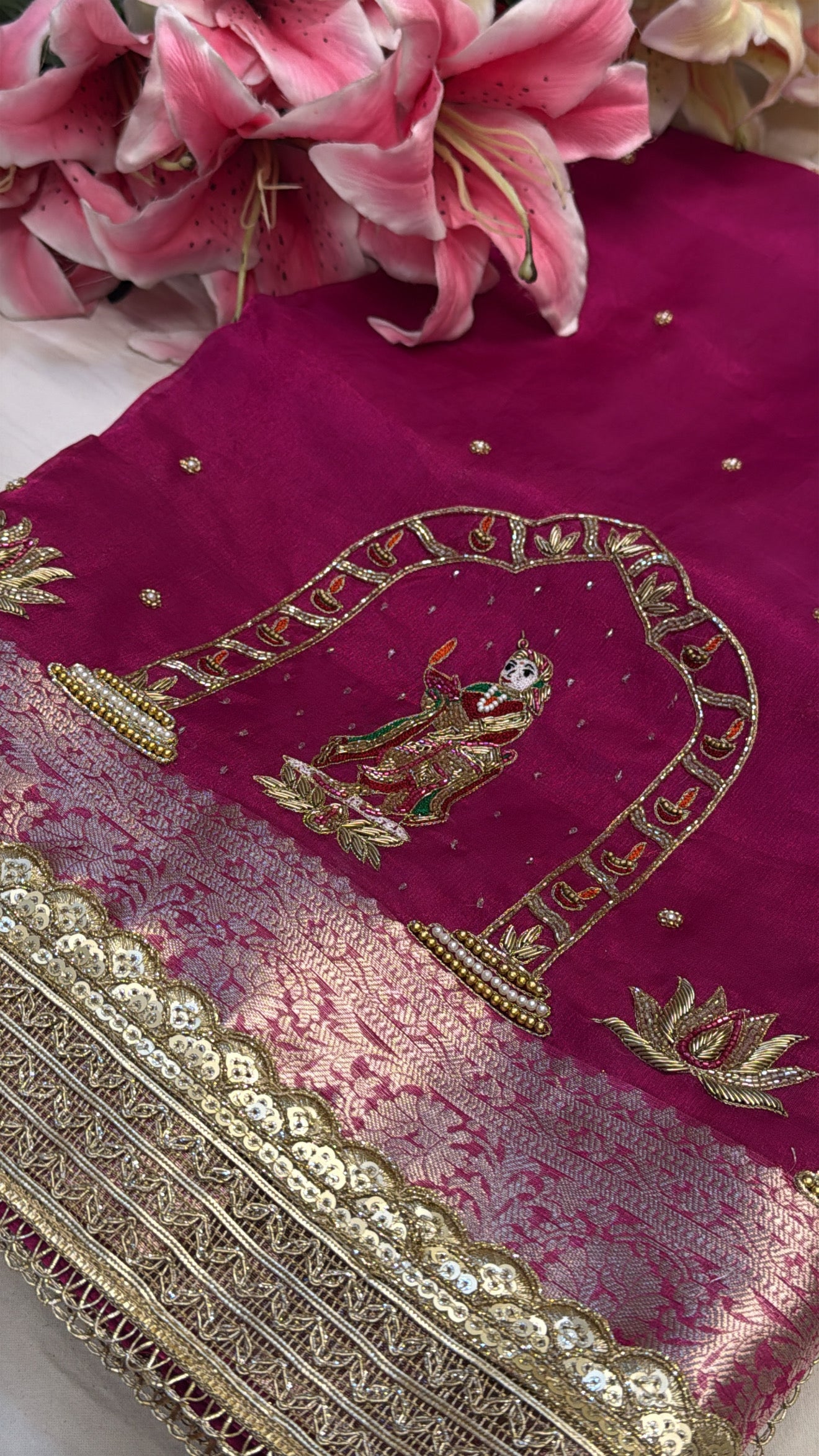 Fuchsia pink husn tissue silk hand embroidered kadhwa saree