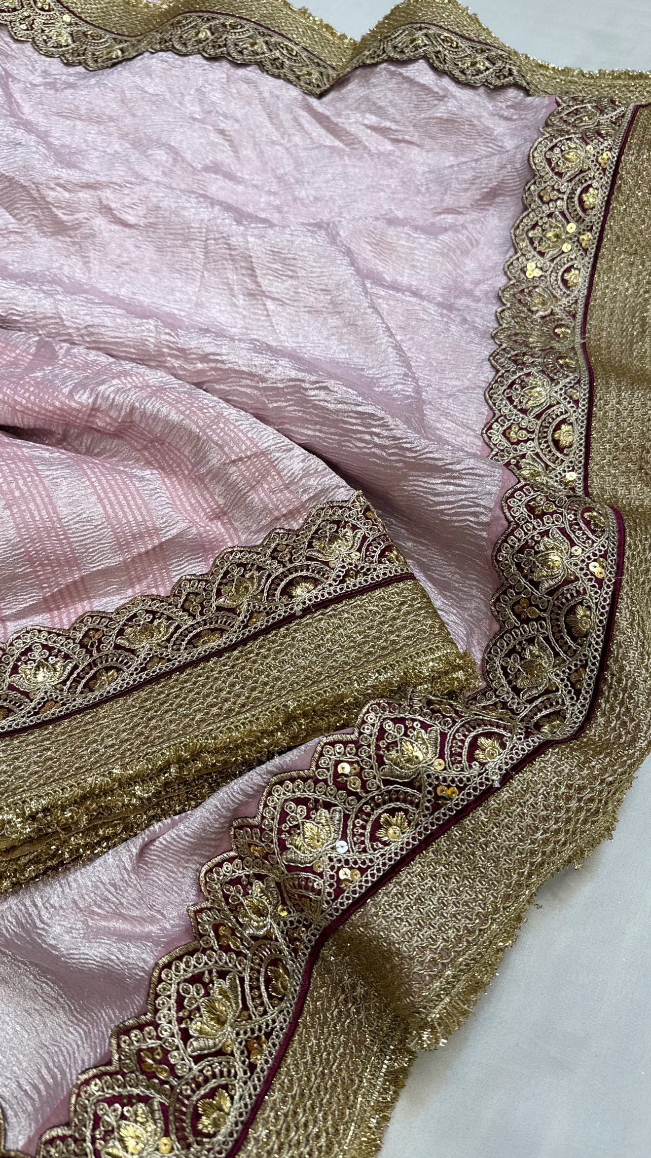 Moonga crushed tissue silk blush pink saree