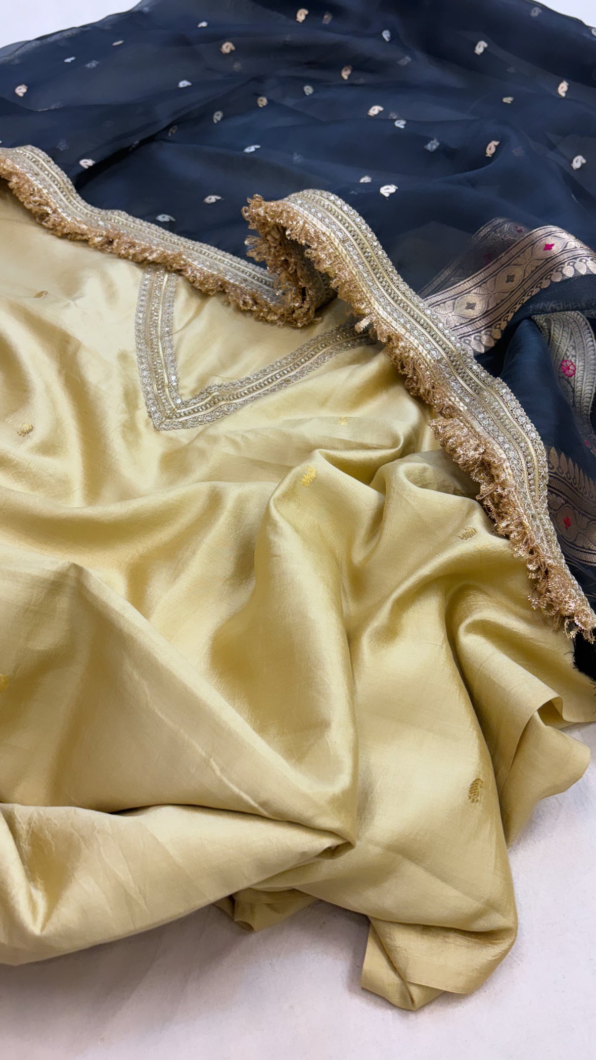 Heeramandi gold-black contrast tissue silk hand embroidered suit set