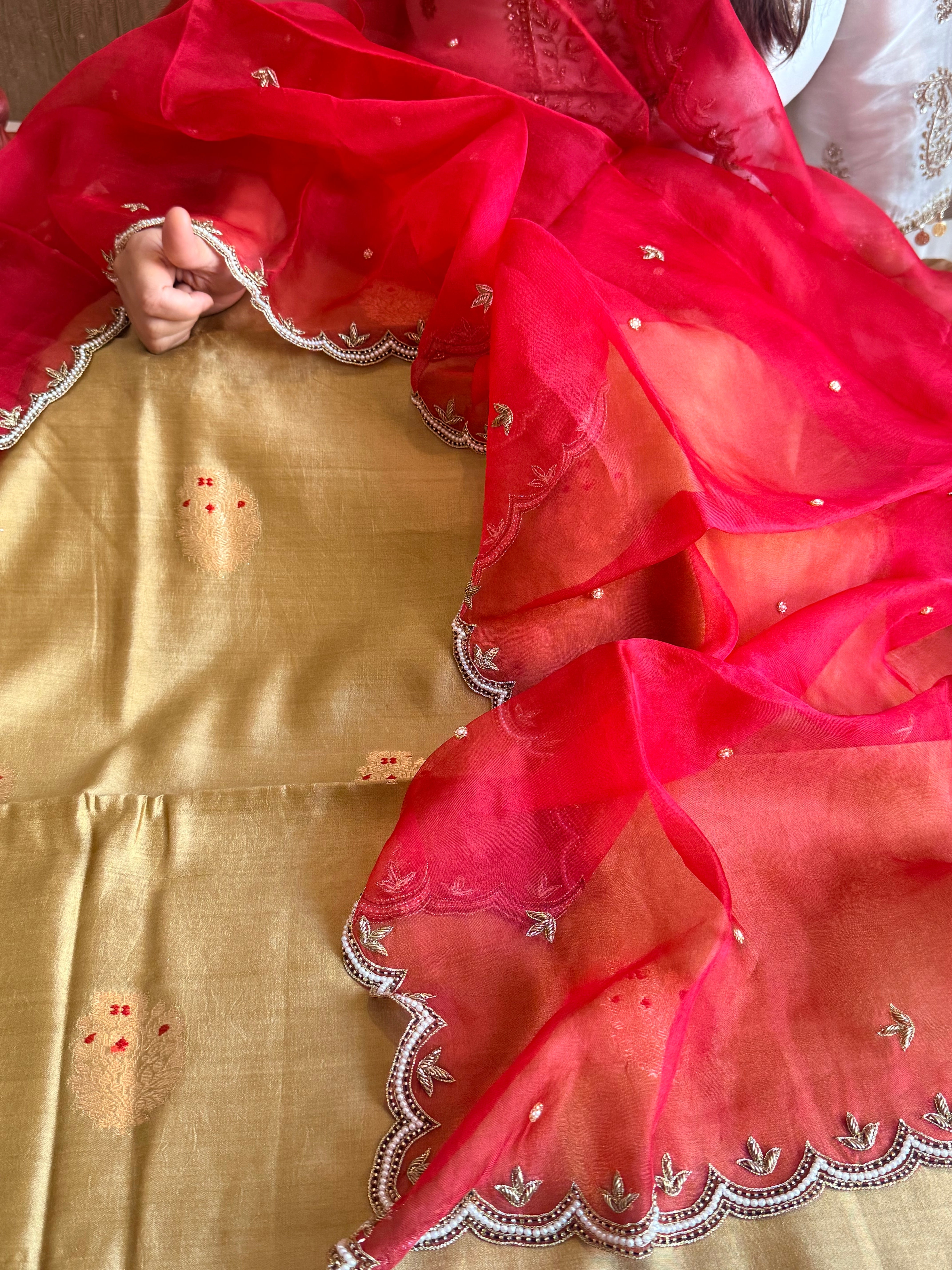 Beige-red chiniya silk kadhwa buta kurta paired with kora silk red duppata