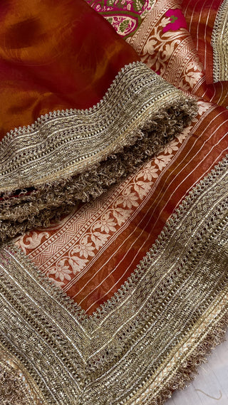 Maharani rustic red tissue tanchoi jamevar meenakari saree