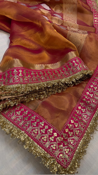 Kanjivaram rani pink maharani tissue silk meenakari border saree