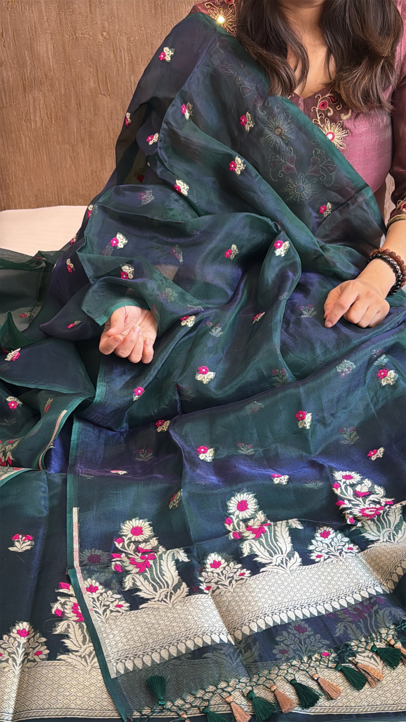 Bottle green dhup chao effect  silk meenakari kadhwa suit set