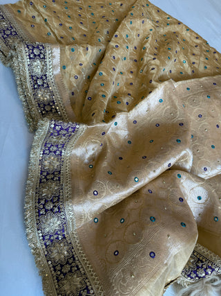 Sheesham edit - Heavy double tissue silk mirror work hand embroidered saree