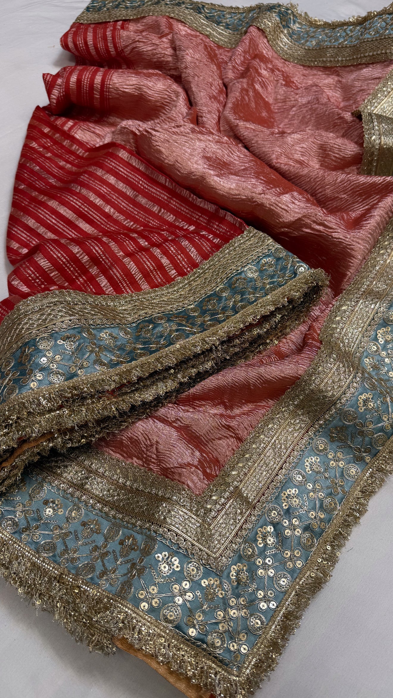 Moonga crushed tissue silk red saree