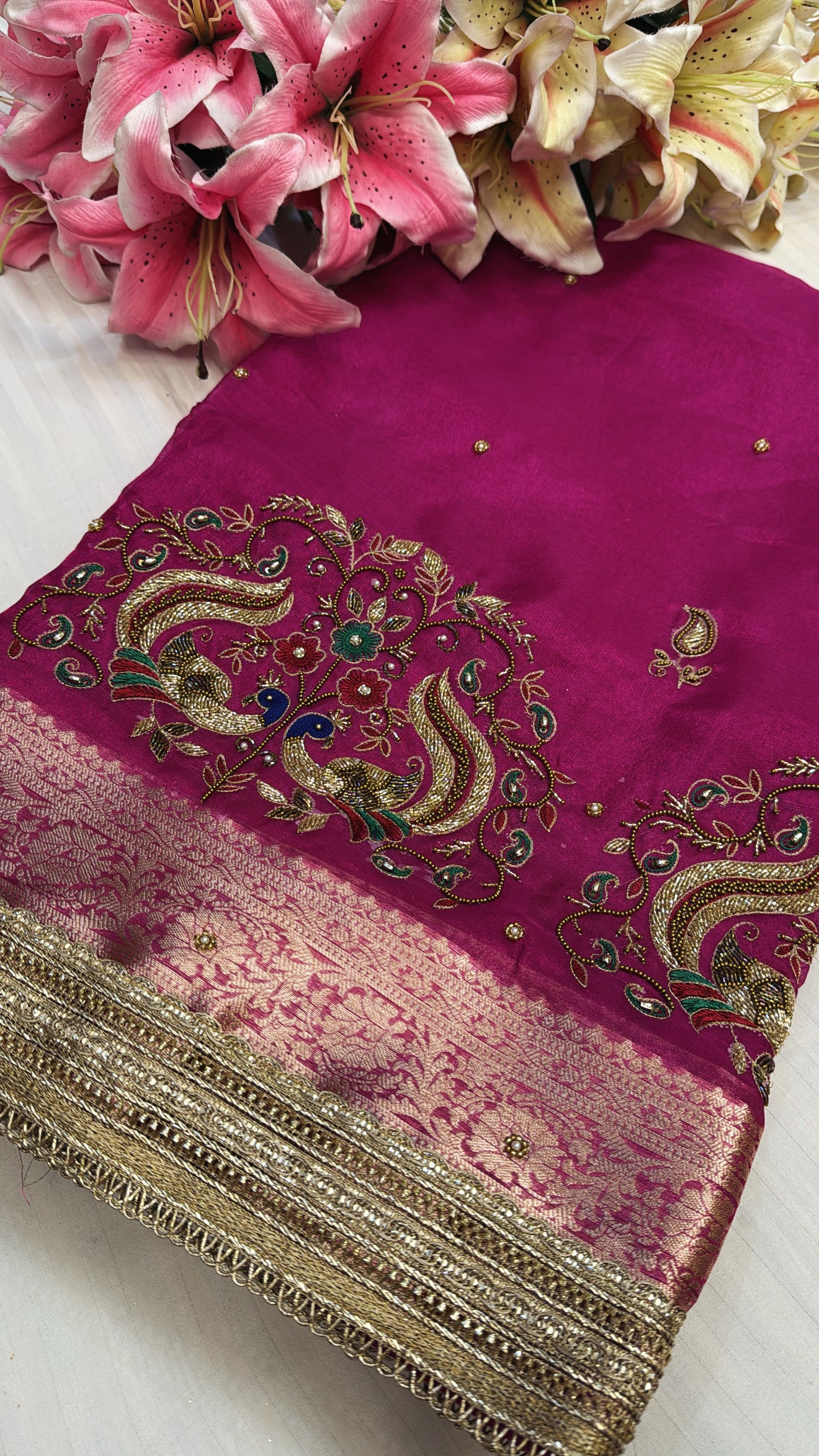 Pink special - Husn hot pink tissue silk peacock motif hand embroidered saree