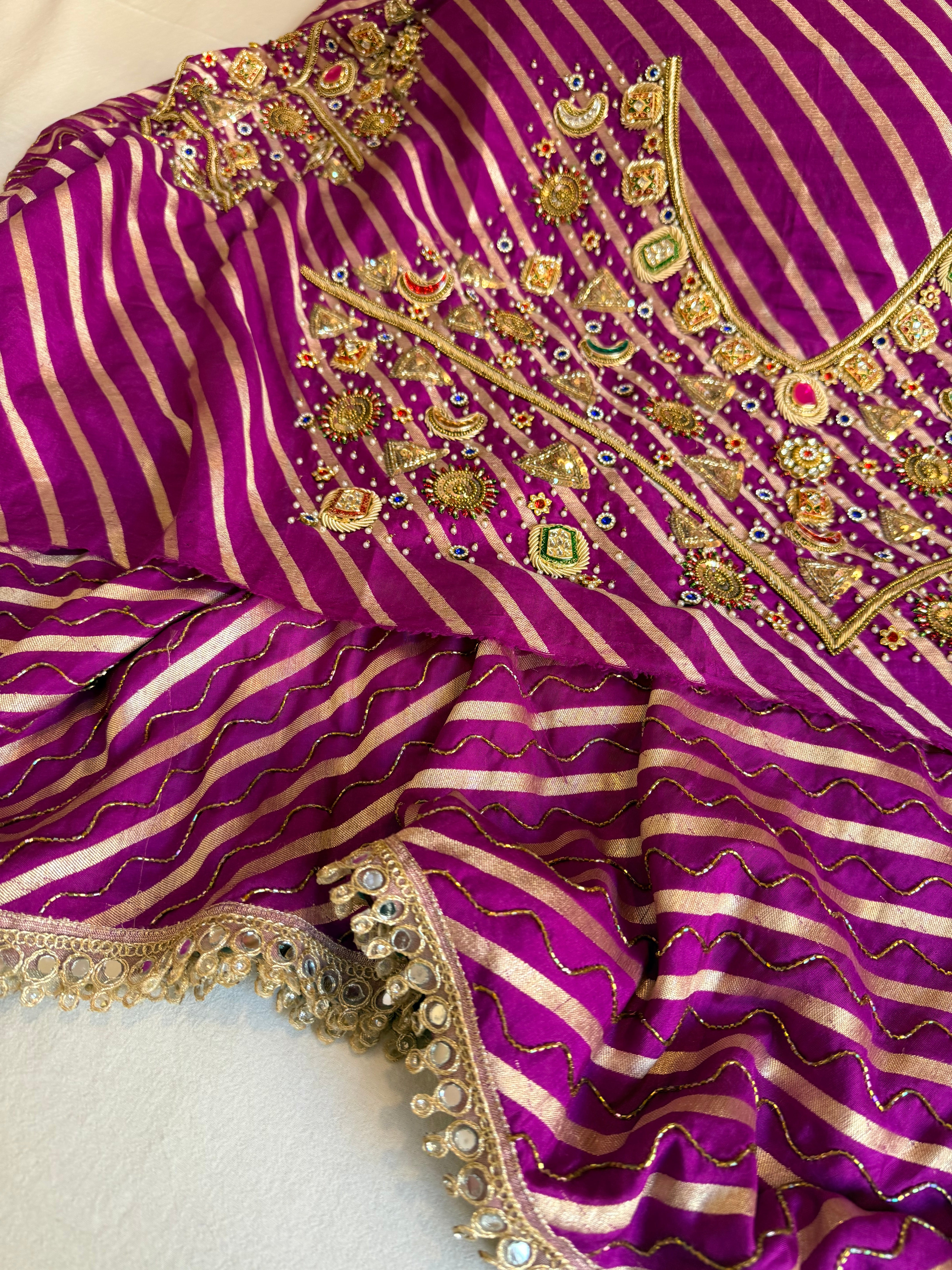 Mashru silk purple leheriya hand embroidered saree with bejewelled blouse