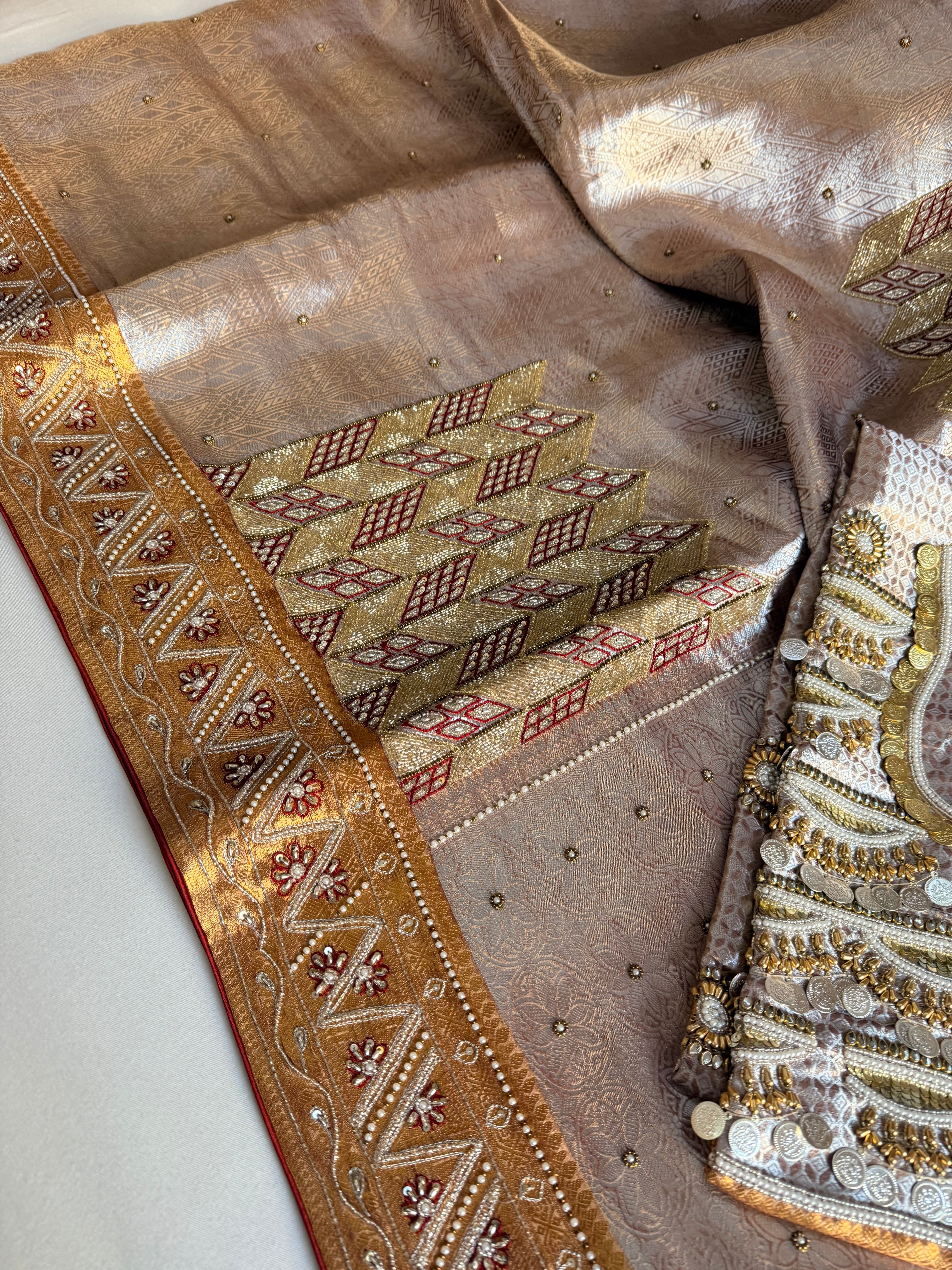 Kanjivaram tissue edit - Tissue brocade hand embroidered saree with jadauwork blouse
