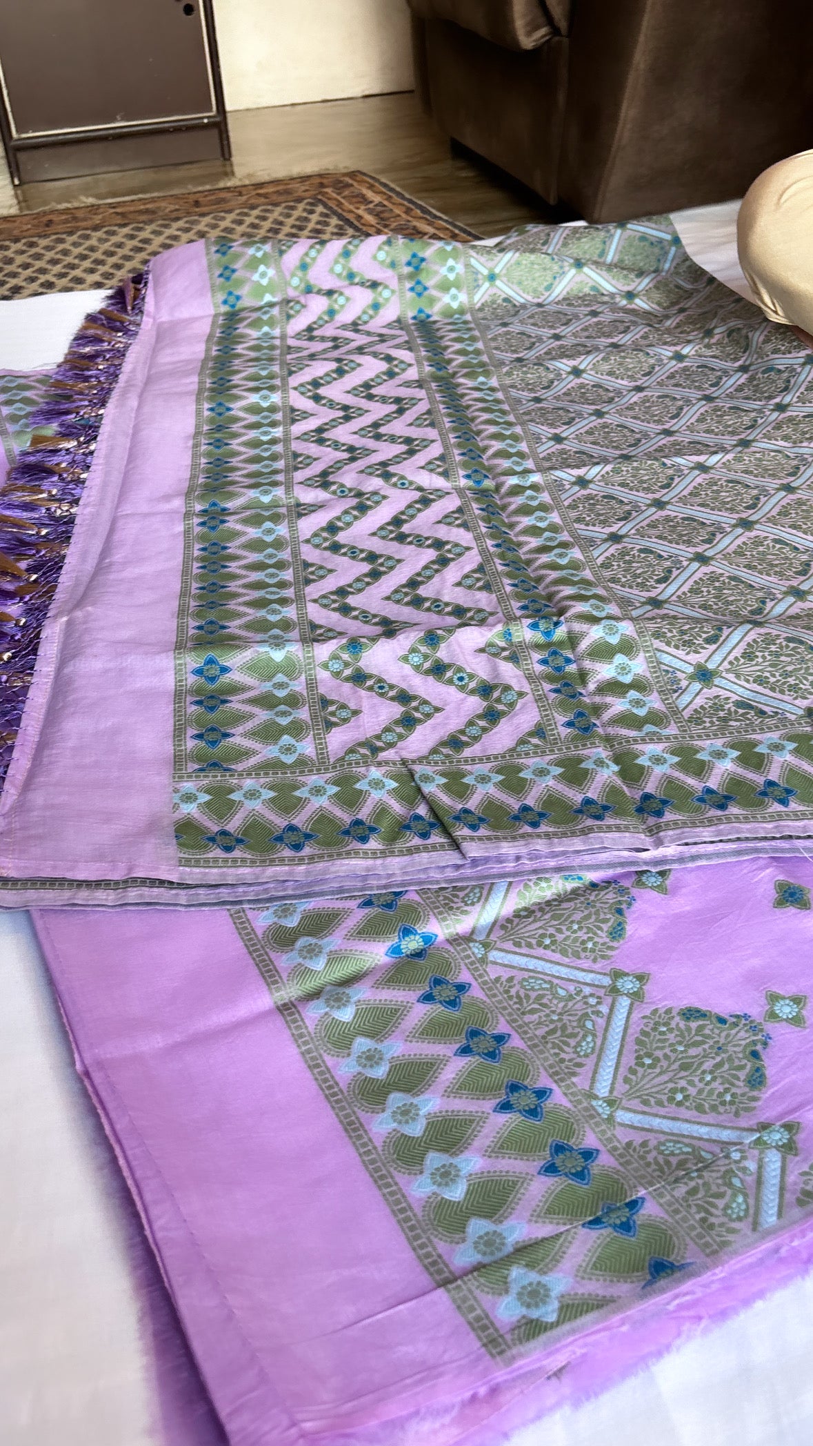 Banarasi lavender cotton resham meenedar suit set